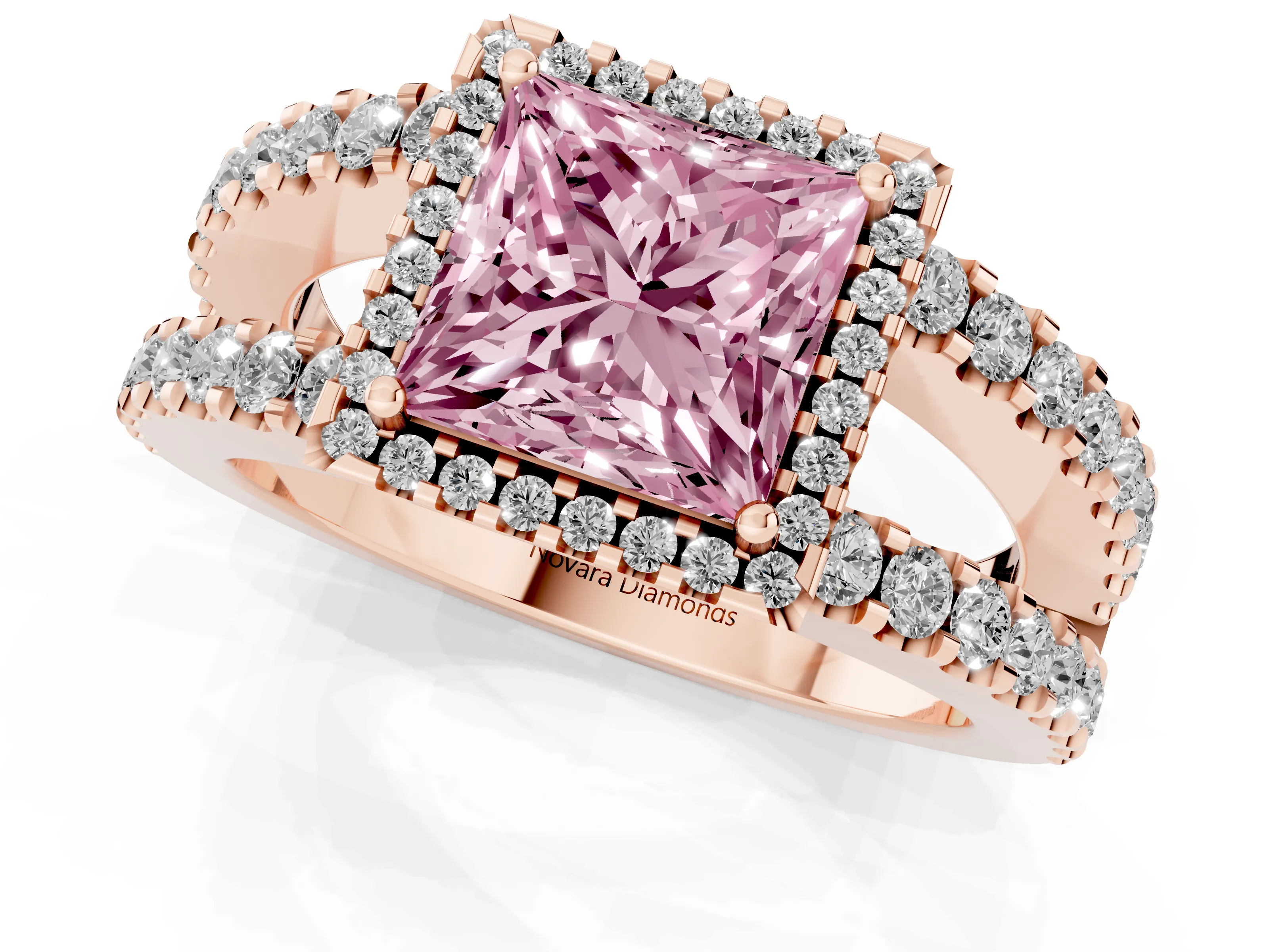 Fancy Pink Princess Cut Diamond Halo Ring Set in Rose gold with Pavé Split Shank and Prong Setting