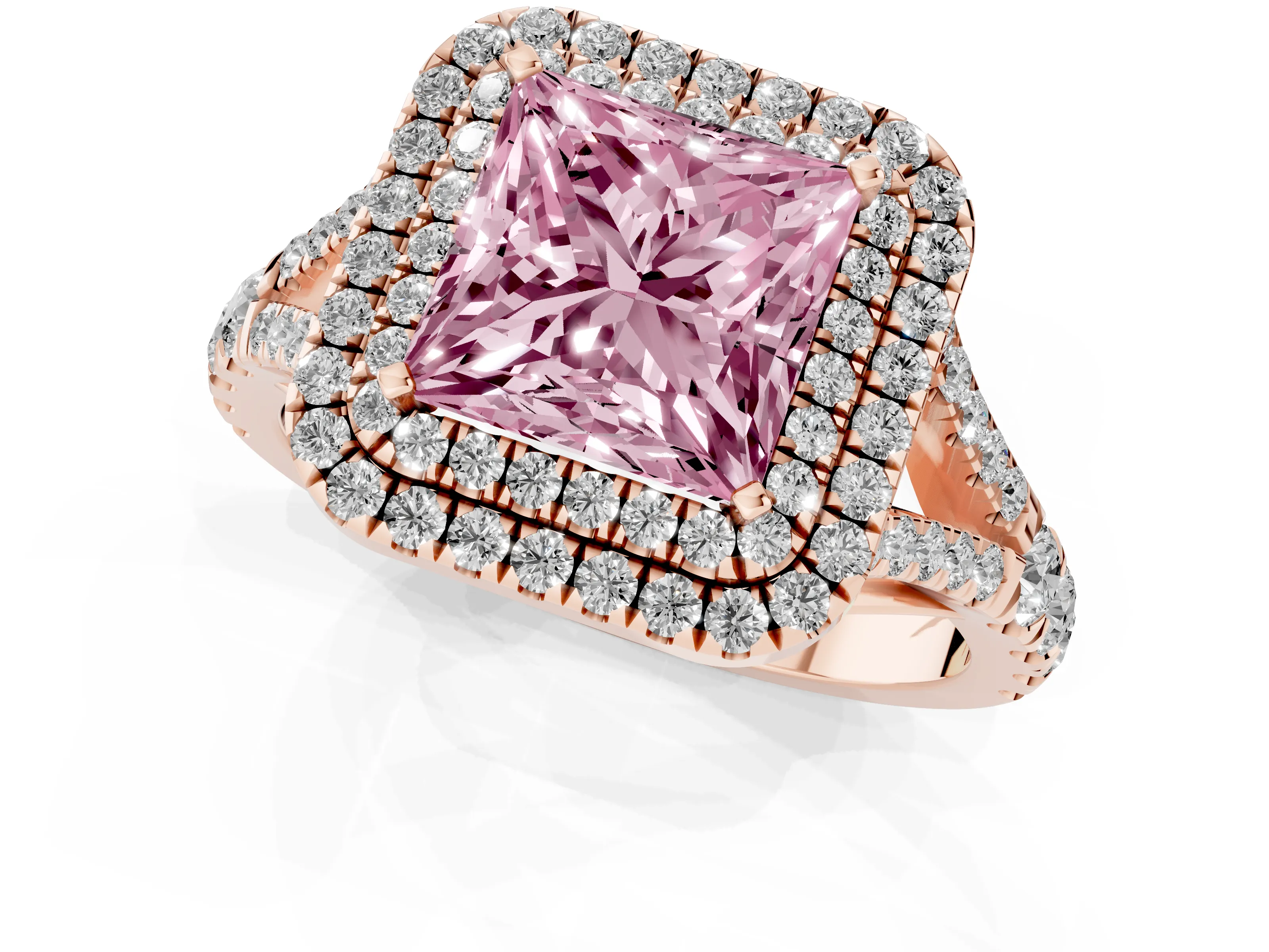 Fancy Pink Princess Cut Diamond Pavé Split Shank Double Halo Engagement Ring Set in Rose gold