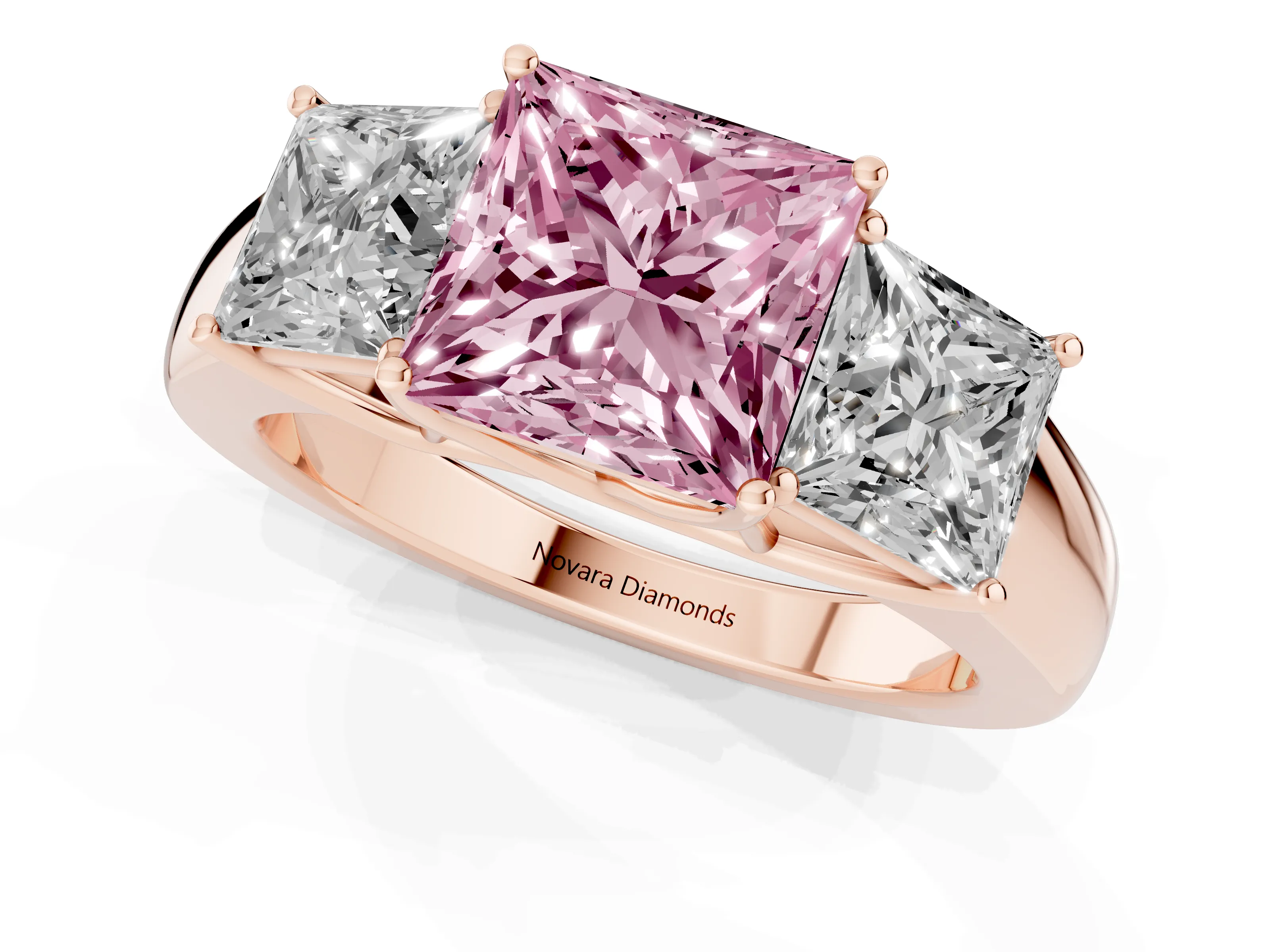 Fancy Pink Three-Stone Princess Cut Diamond Ring Set in Rose gold with Matching Prong Settings and Plain Band