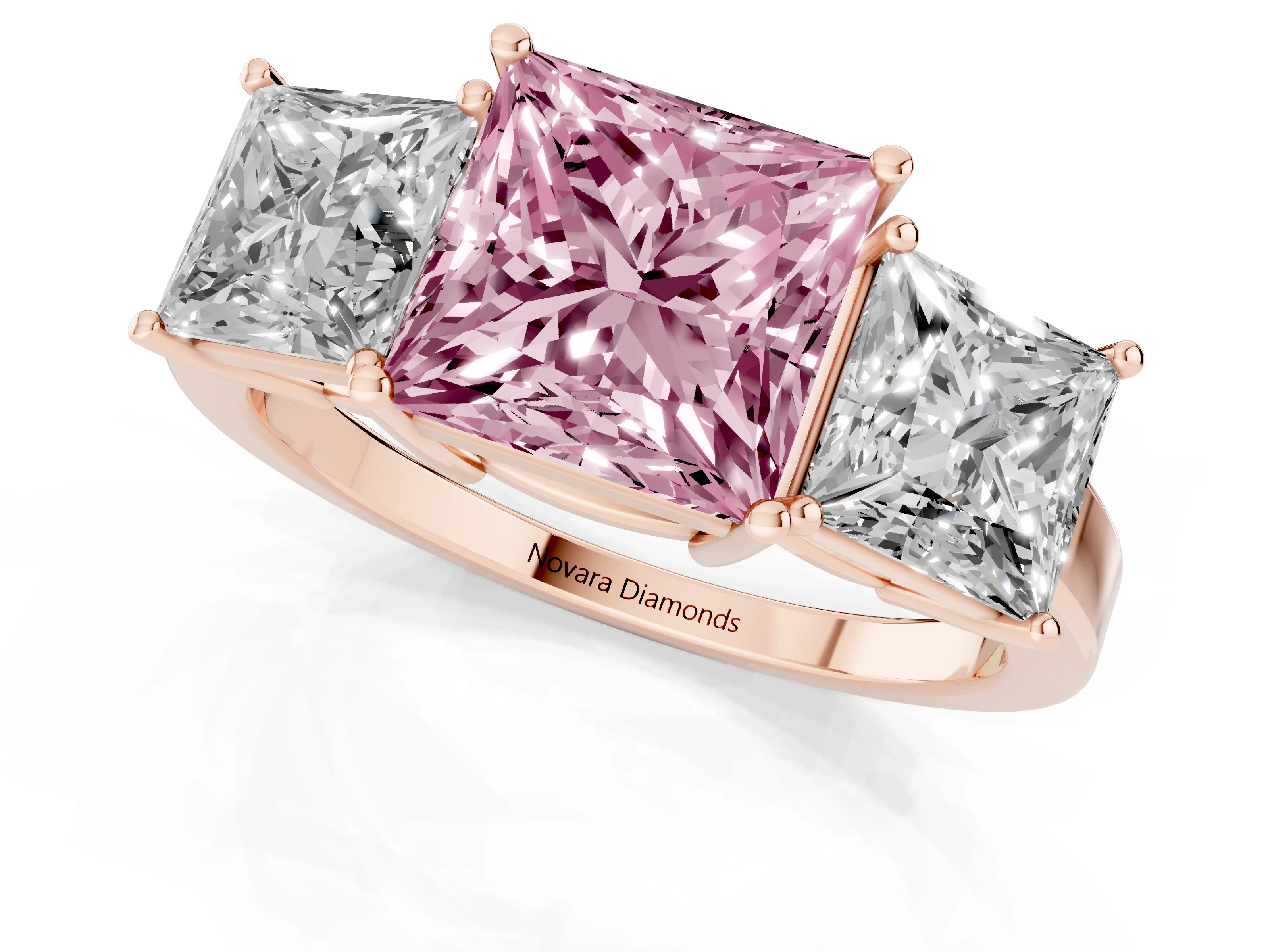 Fancy Pink Princess Cut Diamond Three-Stone Engagement Ring Set in Rose gold with Flat Band