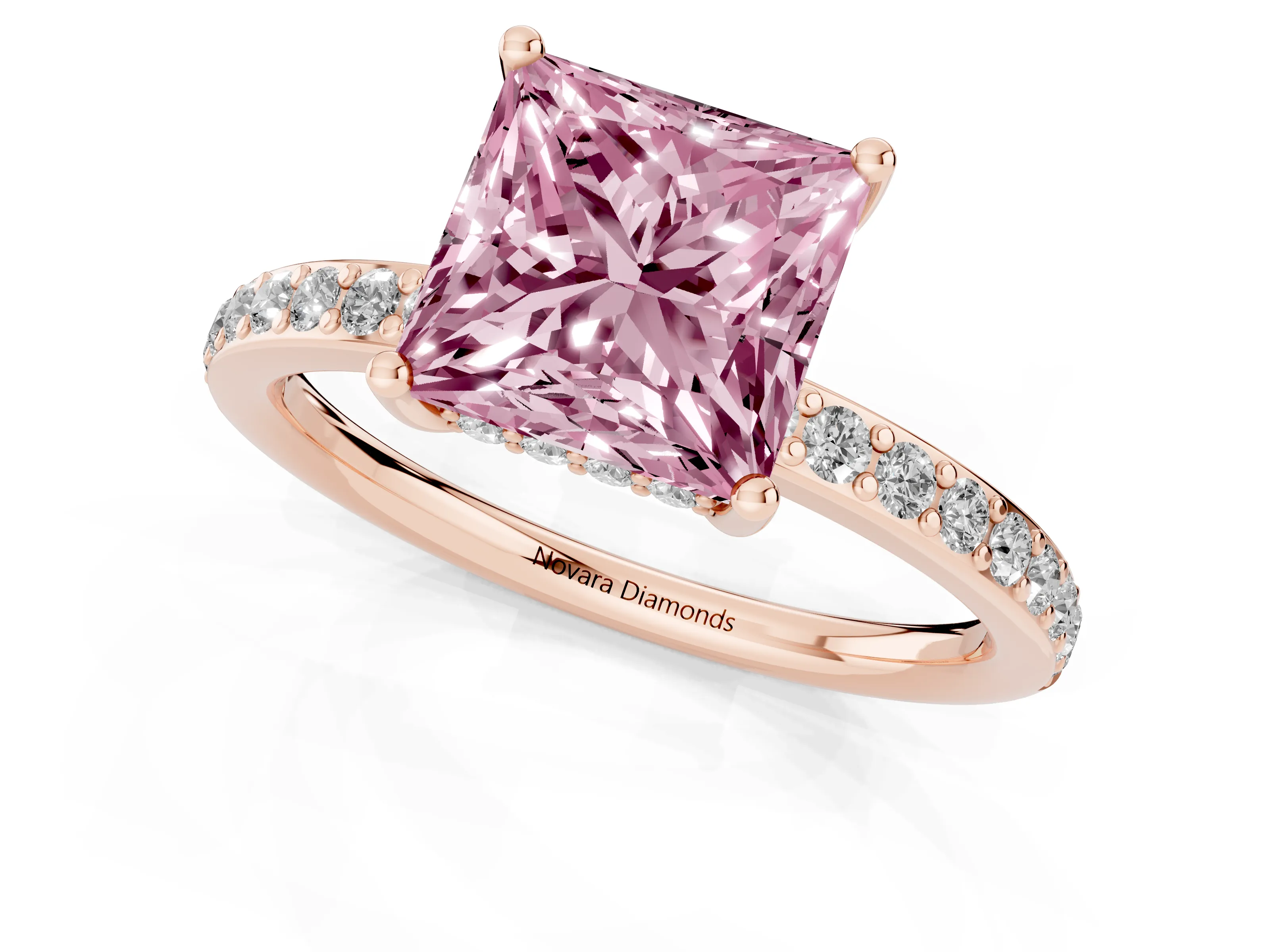 Fancy Pink Princess Cut Diamond Pavé Band Ring Set in Rose gold with Prong-Set Center Stone