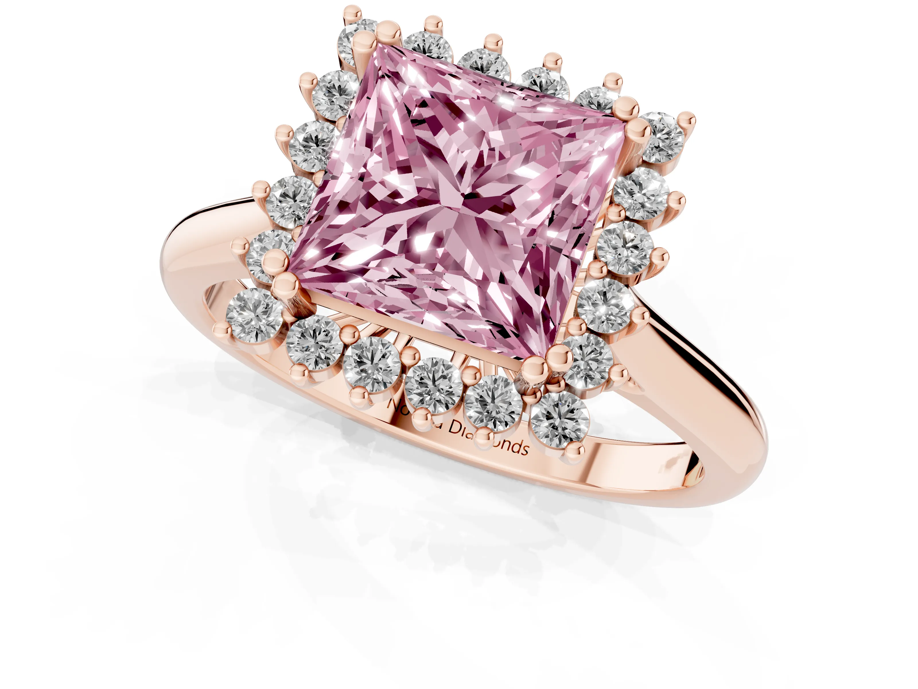 Fancy Pink Princess Cut Diamond Halo Ring Set in Rose gold with Plain Solitaire Band and Prong Setting