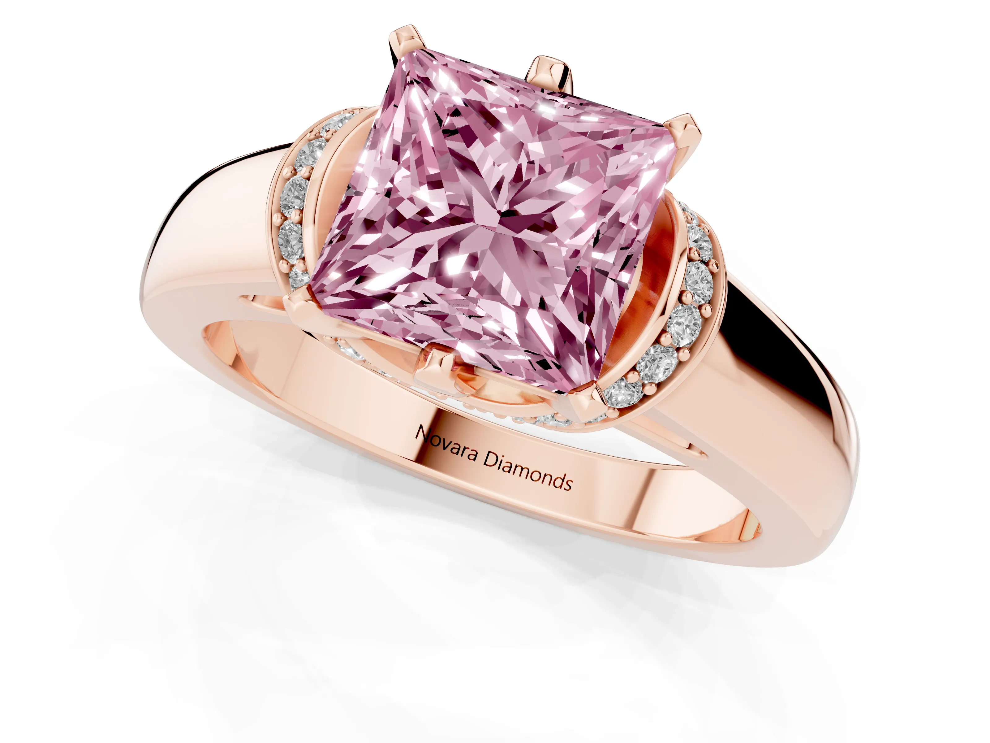 Fancy Pink Princess Cut Diamond Pavé Band Solitaire Ring Set in Rose gold with Prong Setting