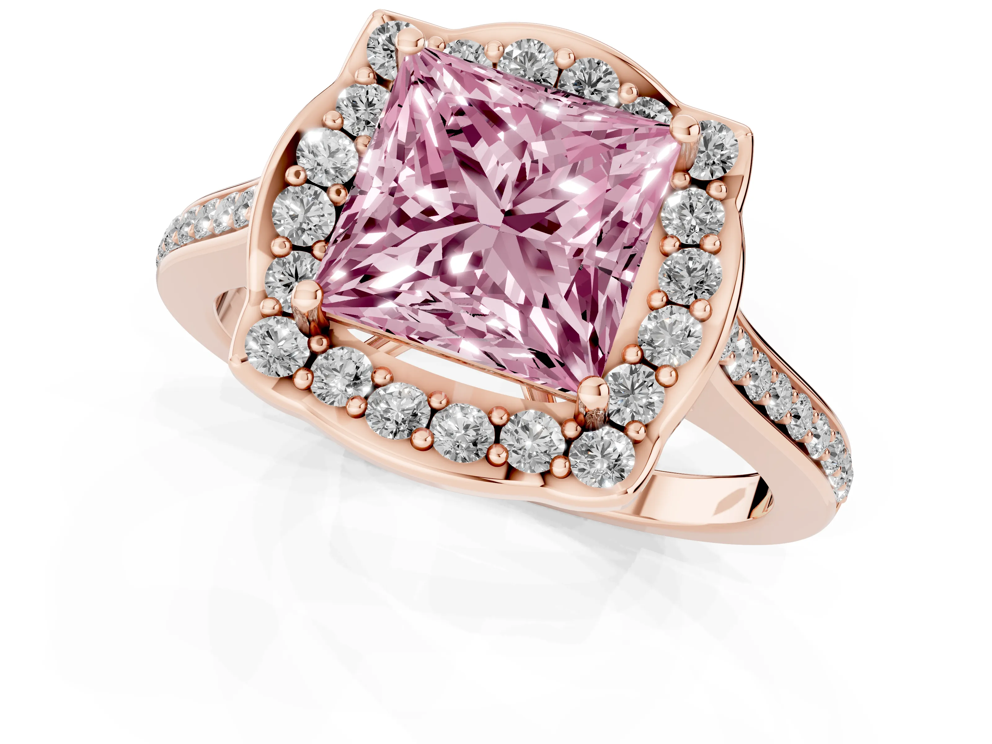 Fancy Pink Princess Cut Diamond Halo Ring Set in Rose gold with Pavé-Lined Shoulders and Prong Setting