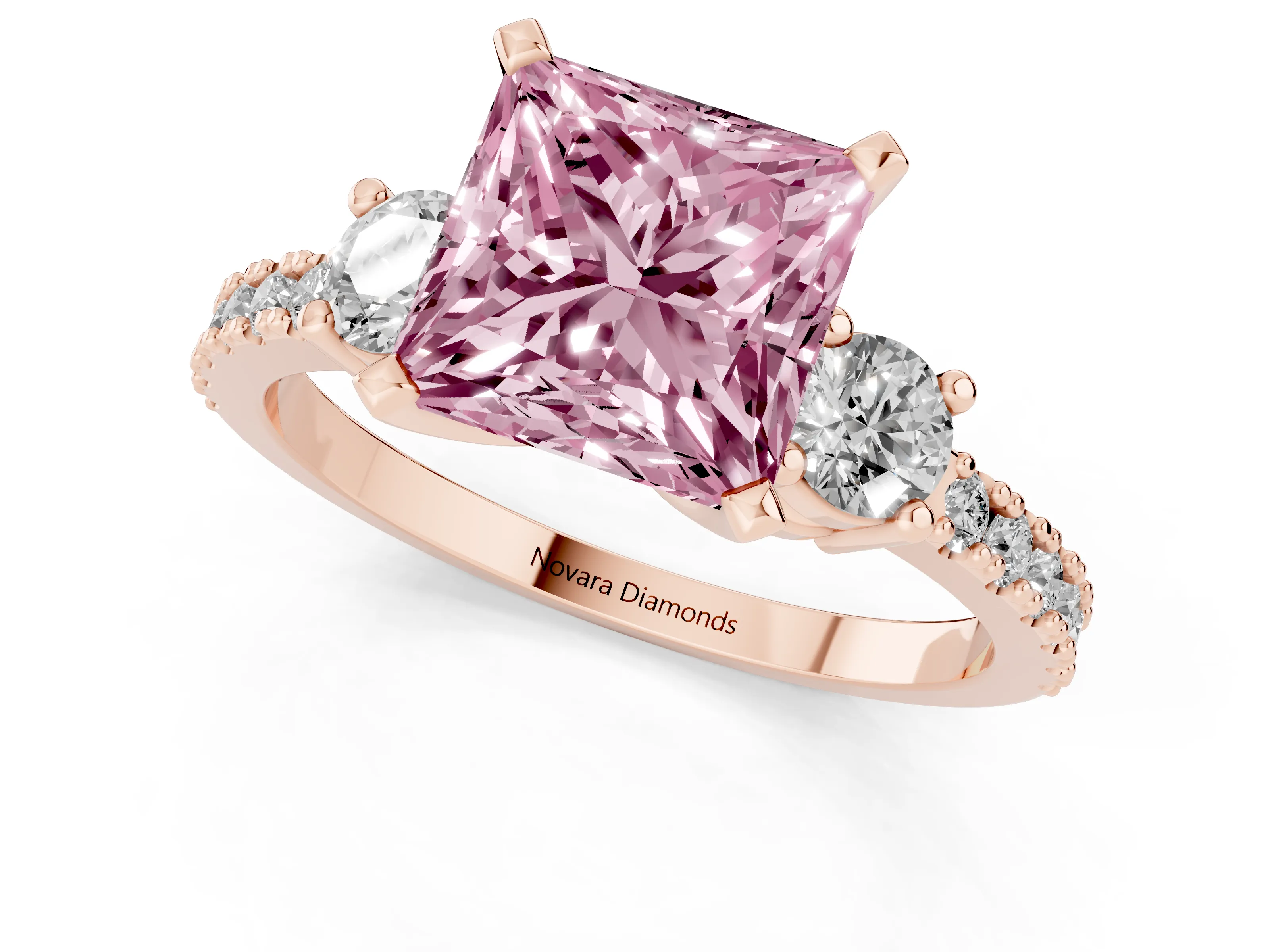 Fancy Pink Three-Stone Princess Cut Diamond Pavé Band Ring Set in Rose gold with Prong Setting