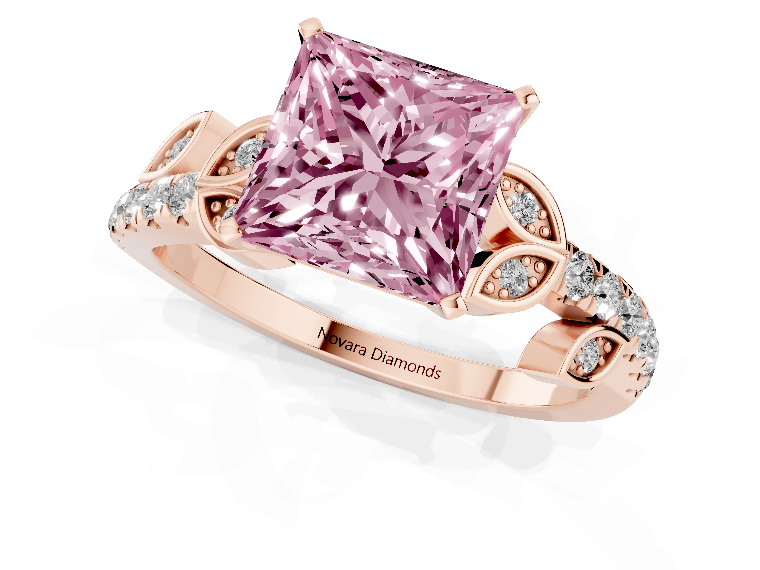 Fancy Pink Princess Cut Diamond Solitaire Leaf-Inspired Ring Set in Rose gold with Pavé Band and Prong Setting