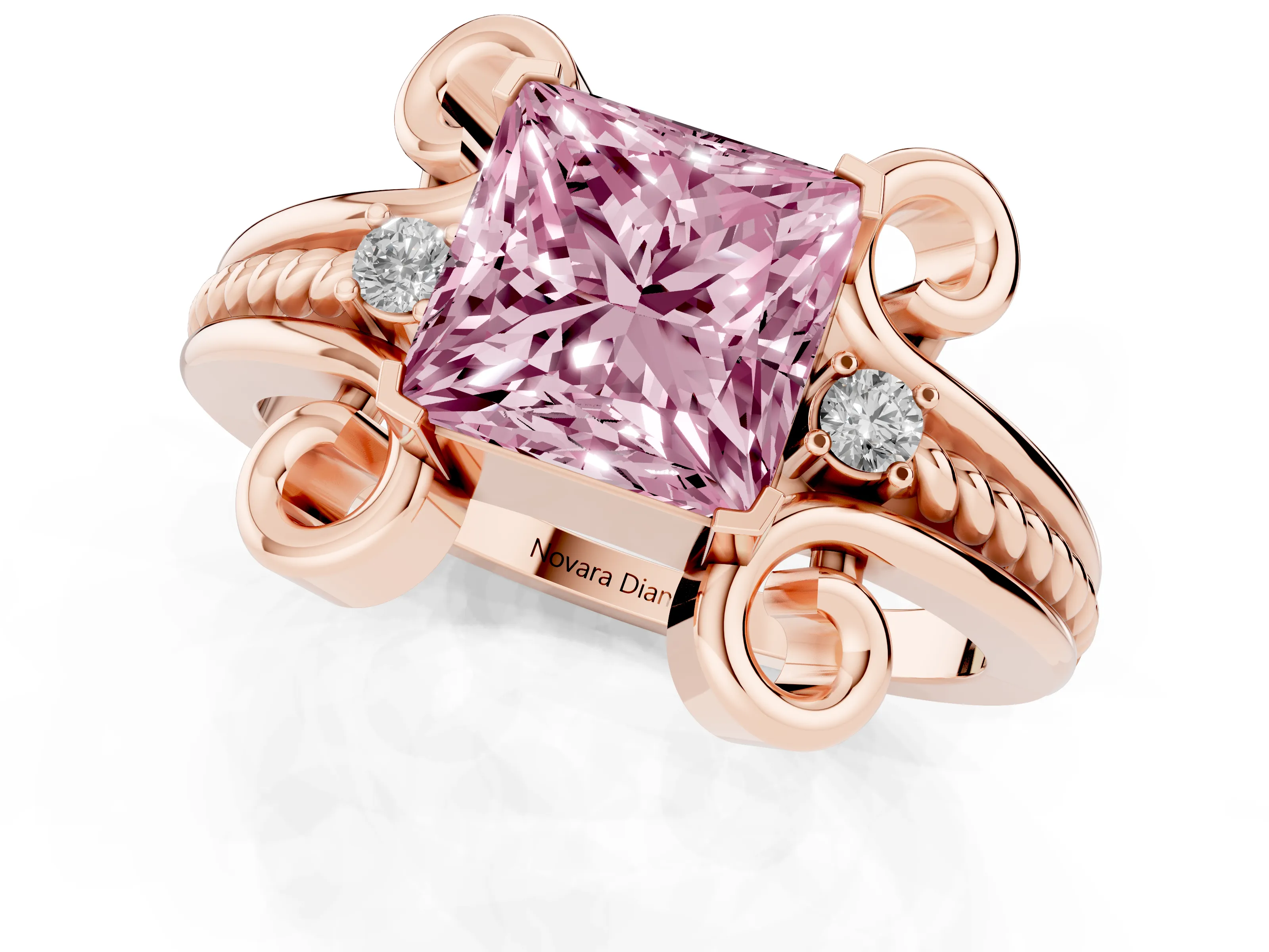 Fancy Pink Princess Cut Diamond Twisted Band Solitaire Ring Set in Rose gold with Scroll Prongs