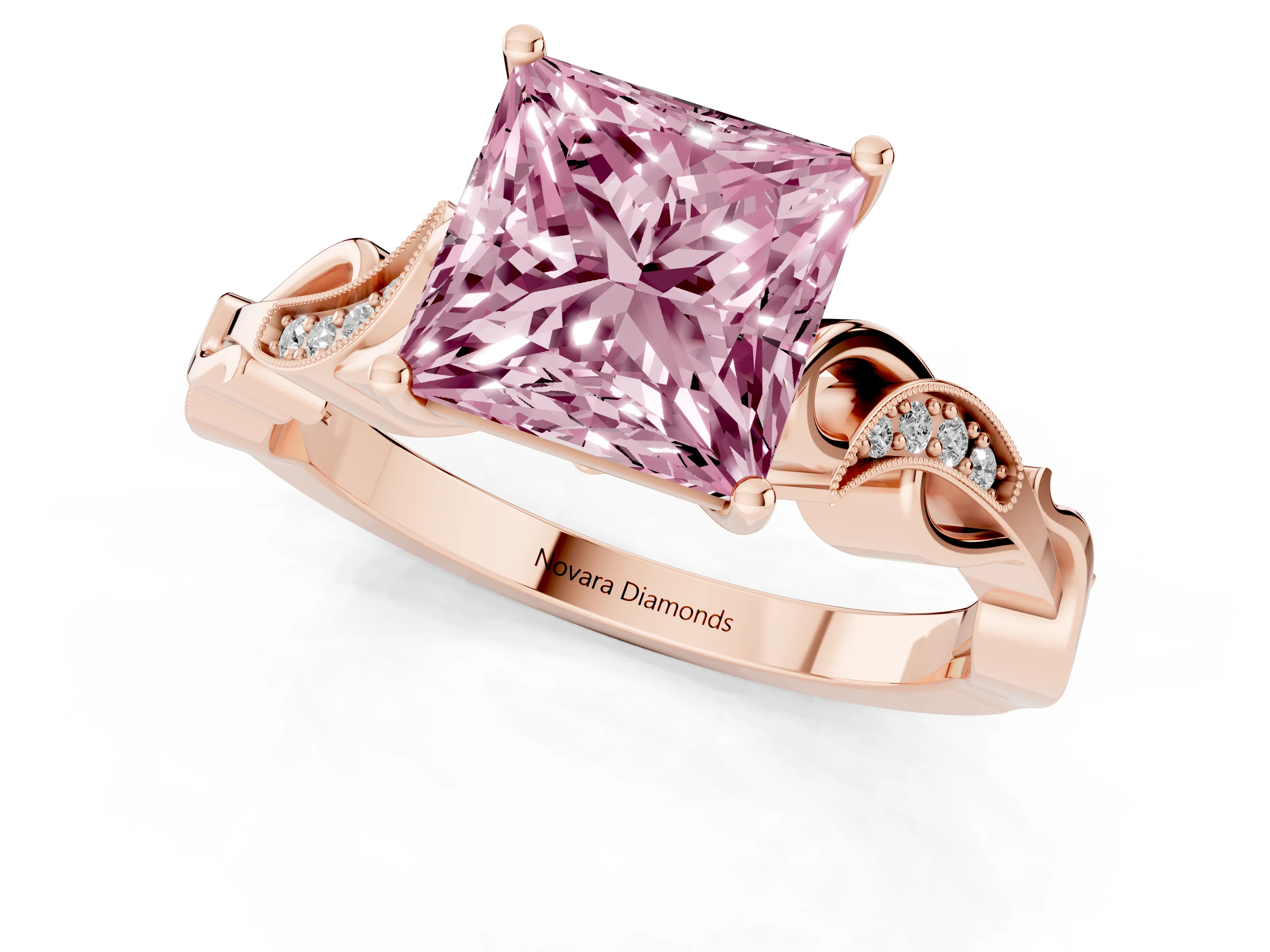 Fancy Pink Princess Cut Diamond Vine Band Solitaire Ring Set in Rose gold with Milgrain Prong Setting