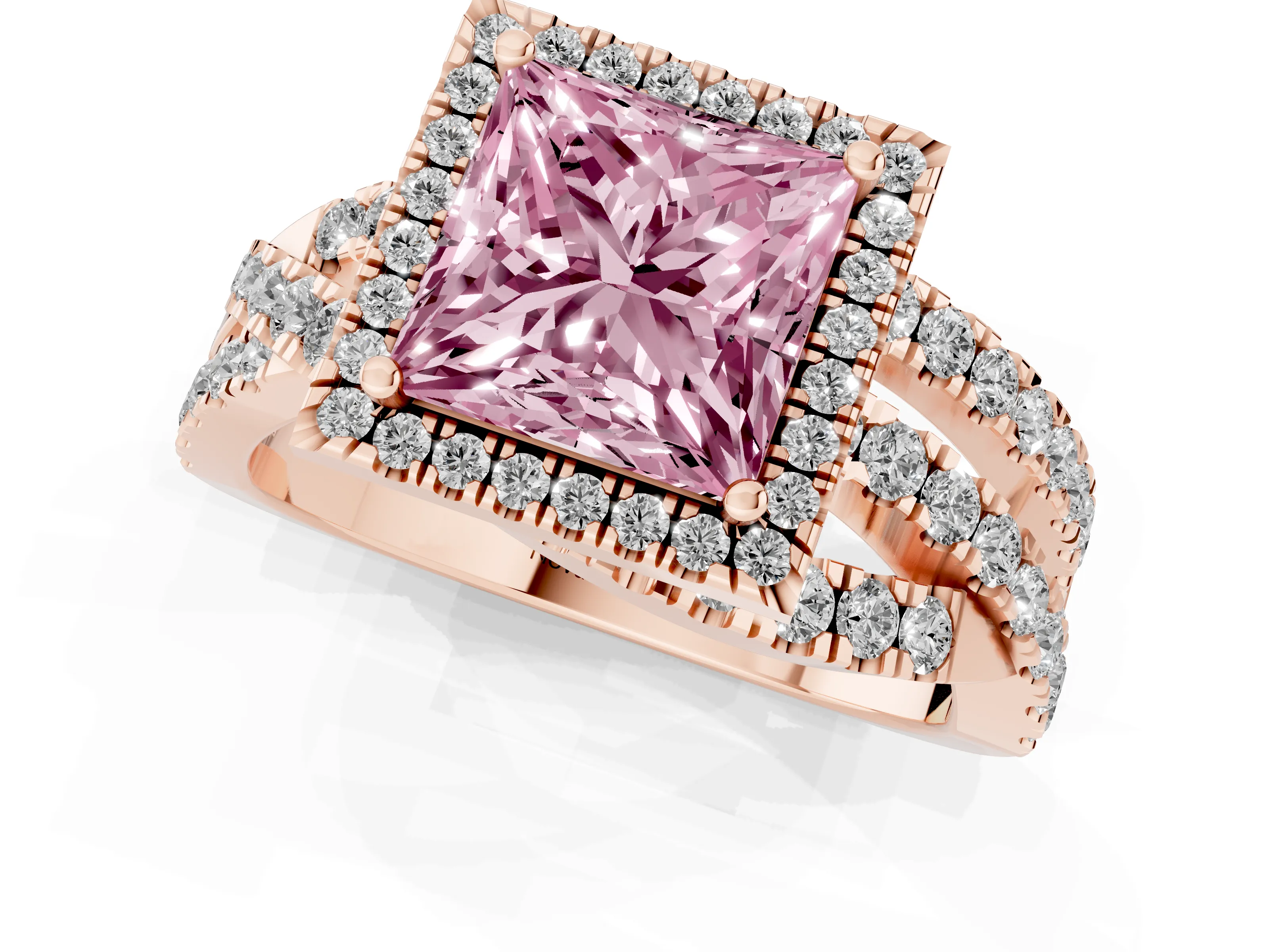 Fancy Pink Princess Cut Diamond Halo Ring Set in Rose gold with Round Crossover Split Shank and Prong Setting