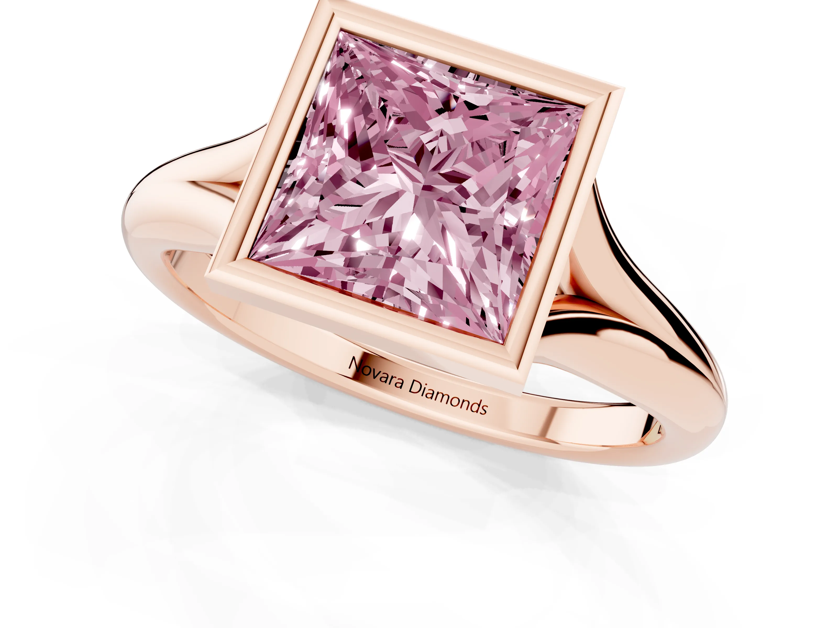 Fancy Pink Bezel Set Princess Cut Diamond Solitaire Ring Set in Rose gold with Smooth Band