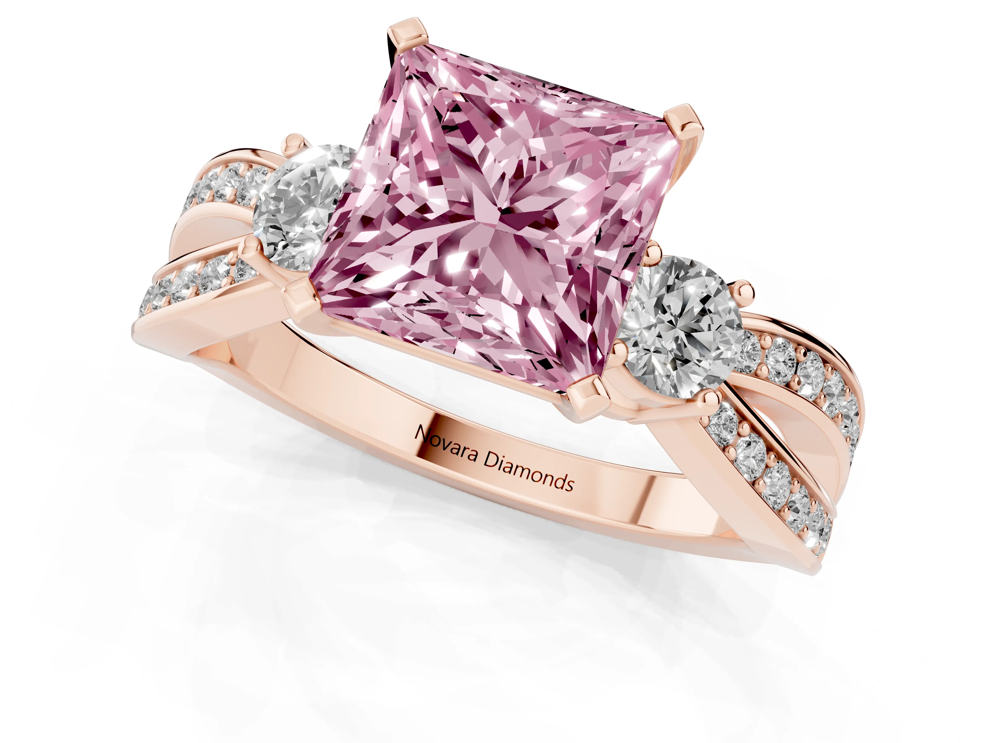 Fancy Pink Three-Stone Princess Cut Diamond Twist Band Ring Set in Rose gold with Pavé Accents and Prong Setting