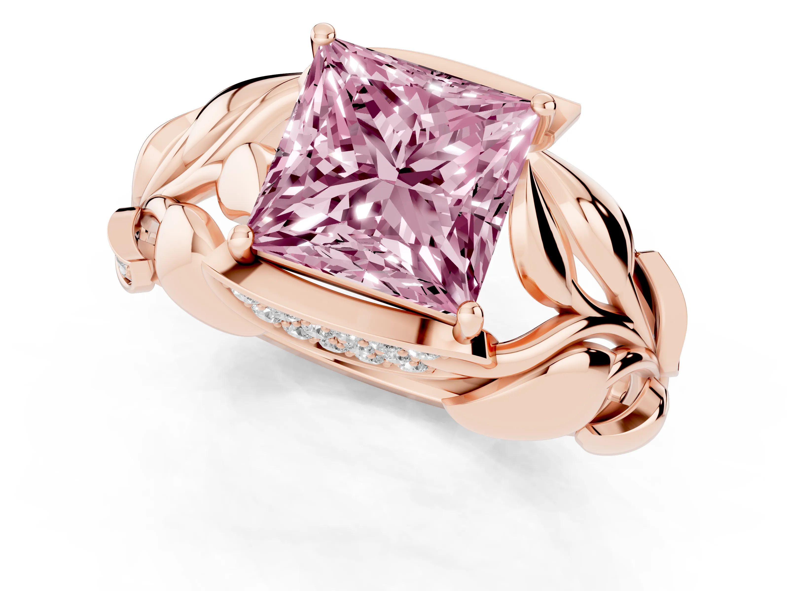 Fancy Pink Princess Cut Diamond Leaf-Inspired Engagement Ring Set in Rose gold with Round Accents