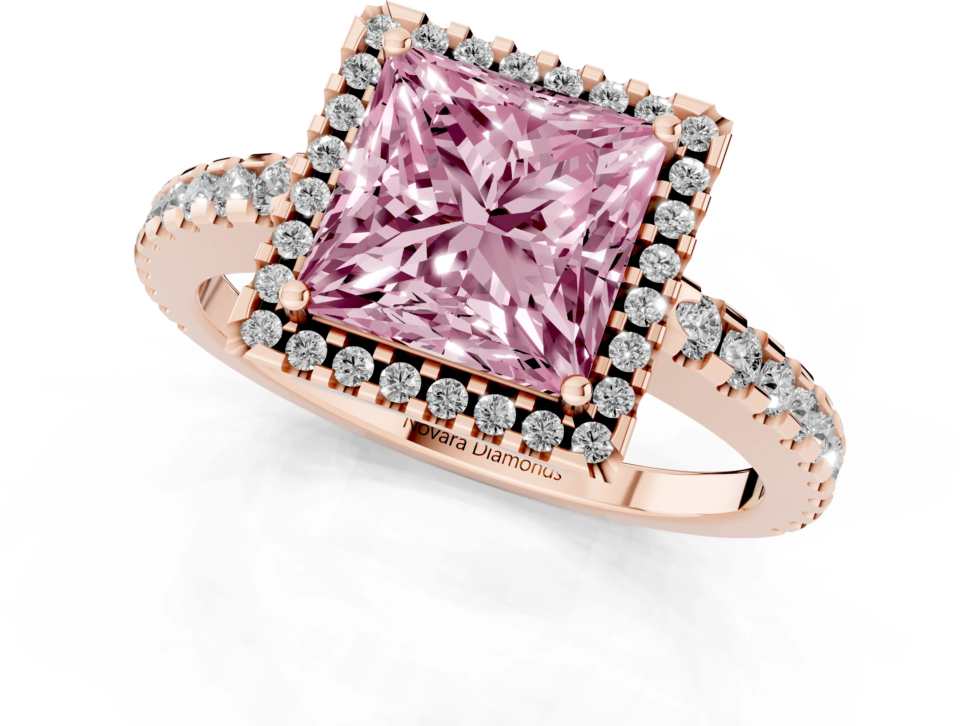 Fancy Pink Princess Cut Diamond Halo Ring Set in Rose gold with Pavé Shoulders and Halo-Framed Center