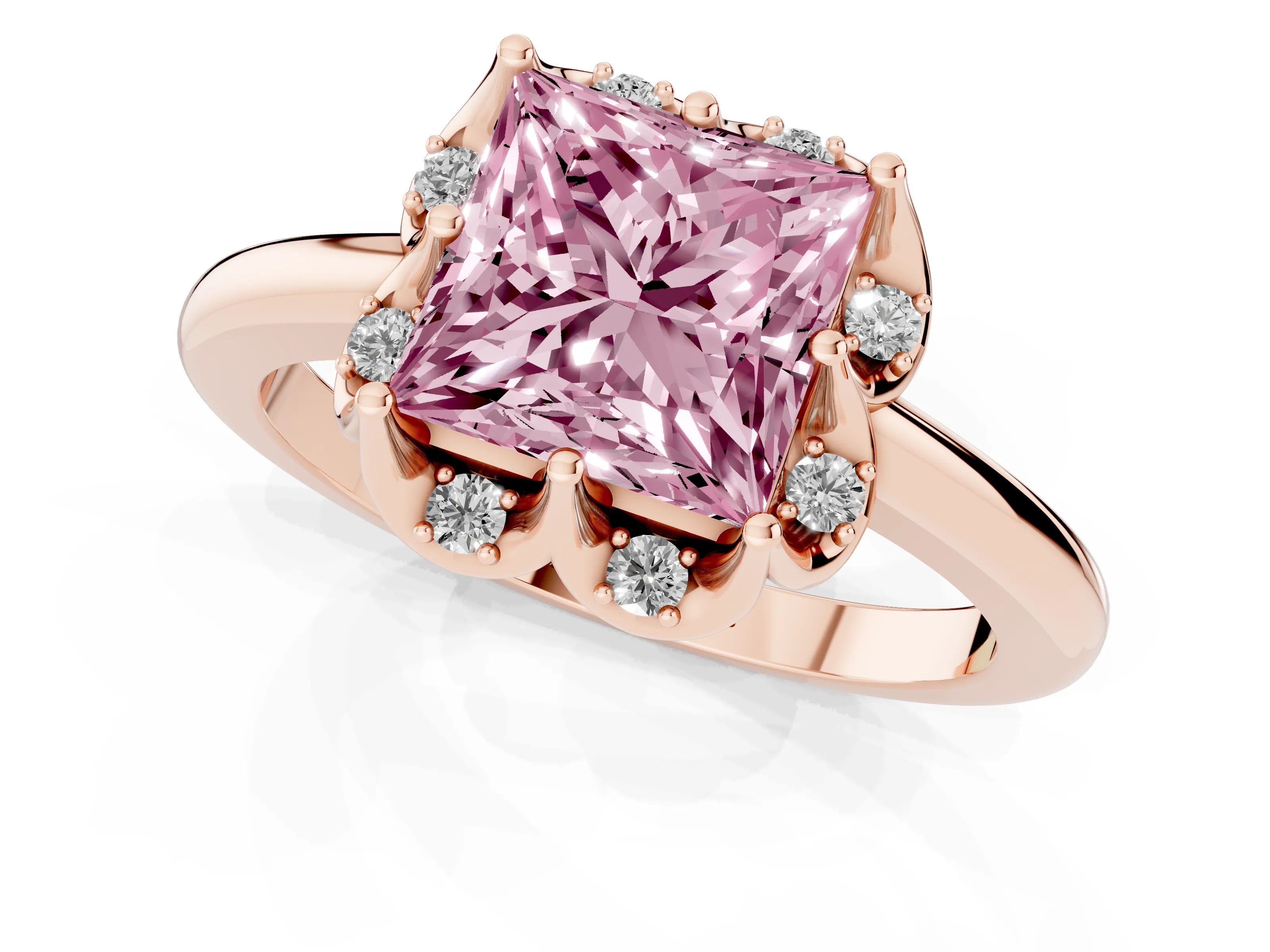 Fancy Pink Princess Cut Diamond Round Cluster Halo Ring Set in Rose gold with Solitaire Band and Prong Setting