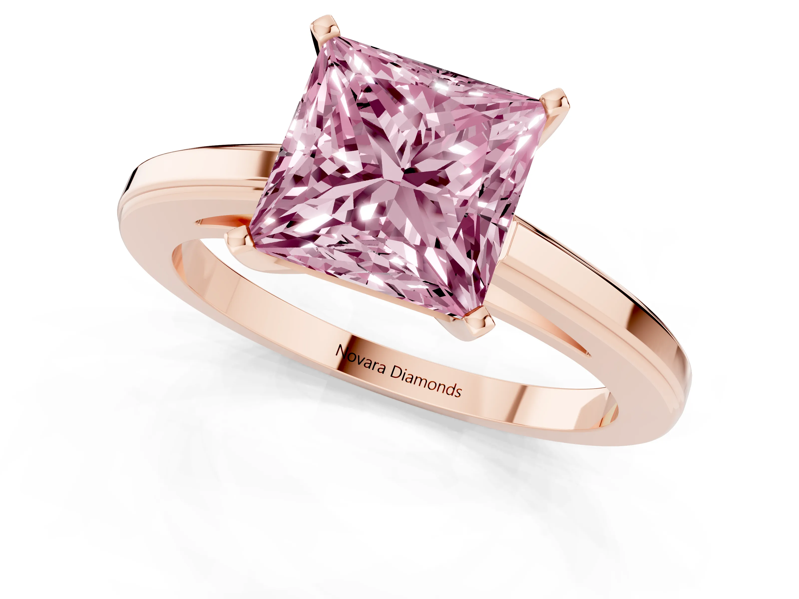 Fancy Pink Princess Cut Diamond Solitaire Ring Set in Rose gold with Prong Setting and Classic Band