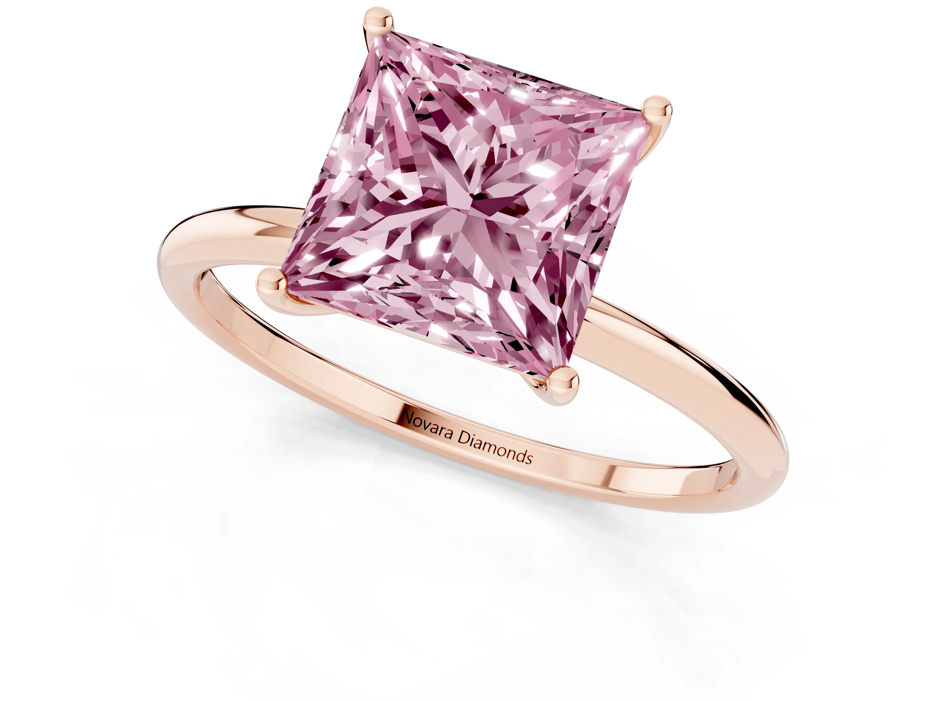Fancy Pink Princess Cut Diamond Solitaire Engagement Ring Set in Rose gold with Thin Band and Prong Setting