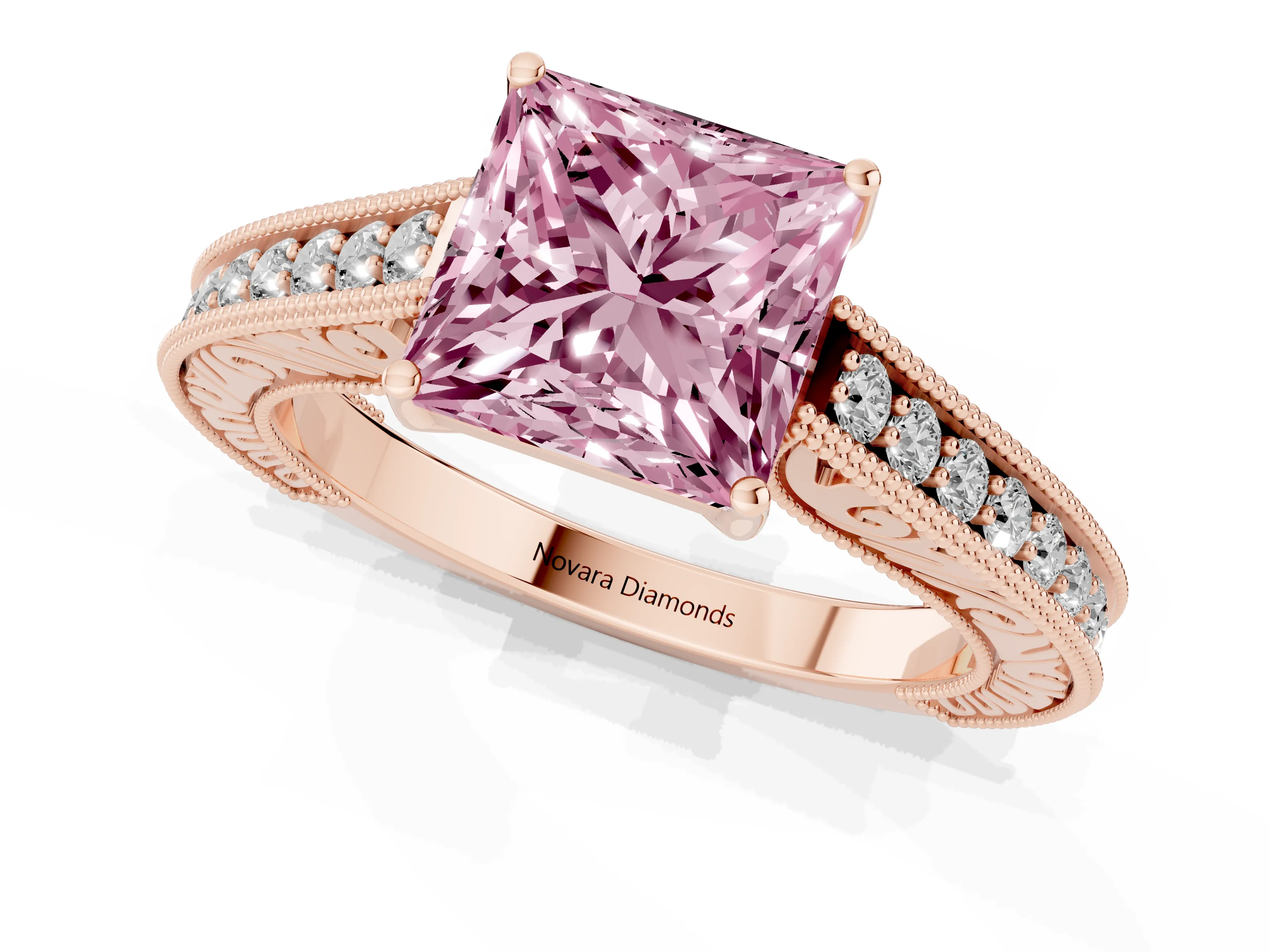 Fancy Pink Princess Cut Diamond Milgrain Pavé Band Solitaire Ring Set in Rose gold with Prong Setting