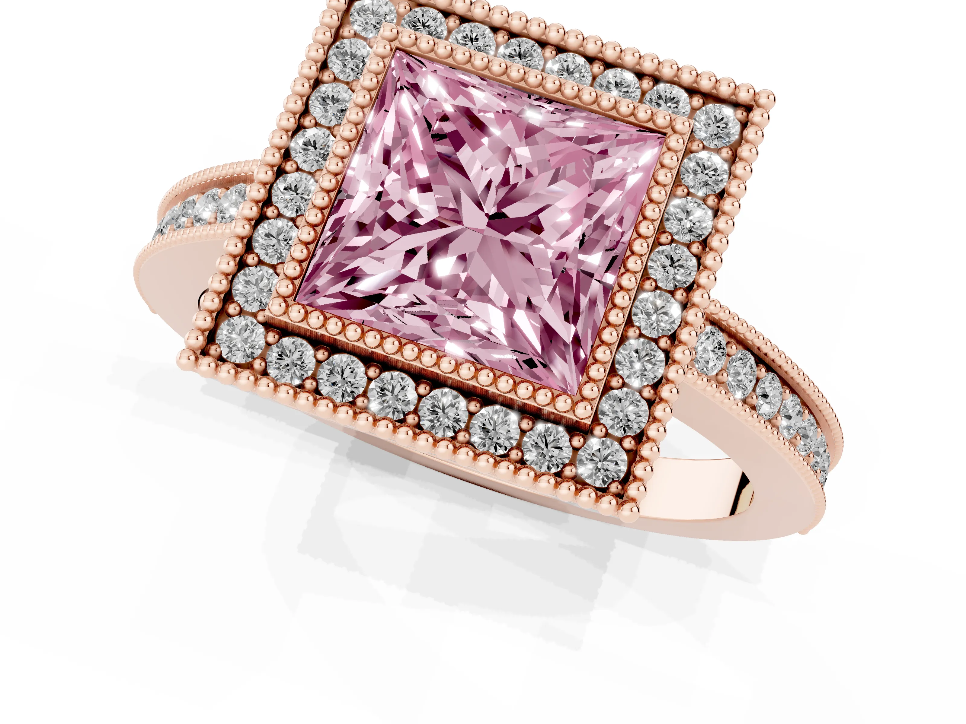 Fancy Pink Princess Cut Diamond Halo Ring Set in Rose gold with Pavé Band and Milgrain-Edged Prongs