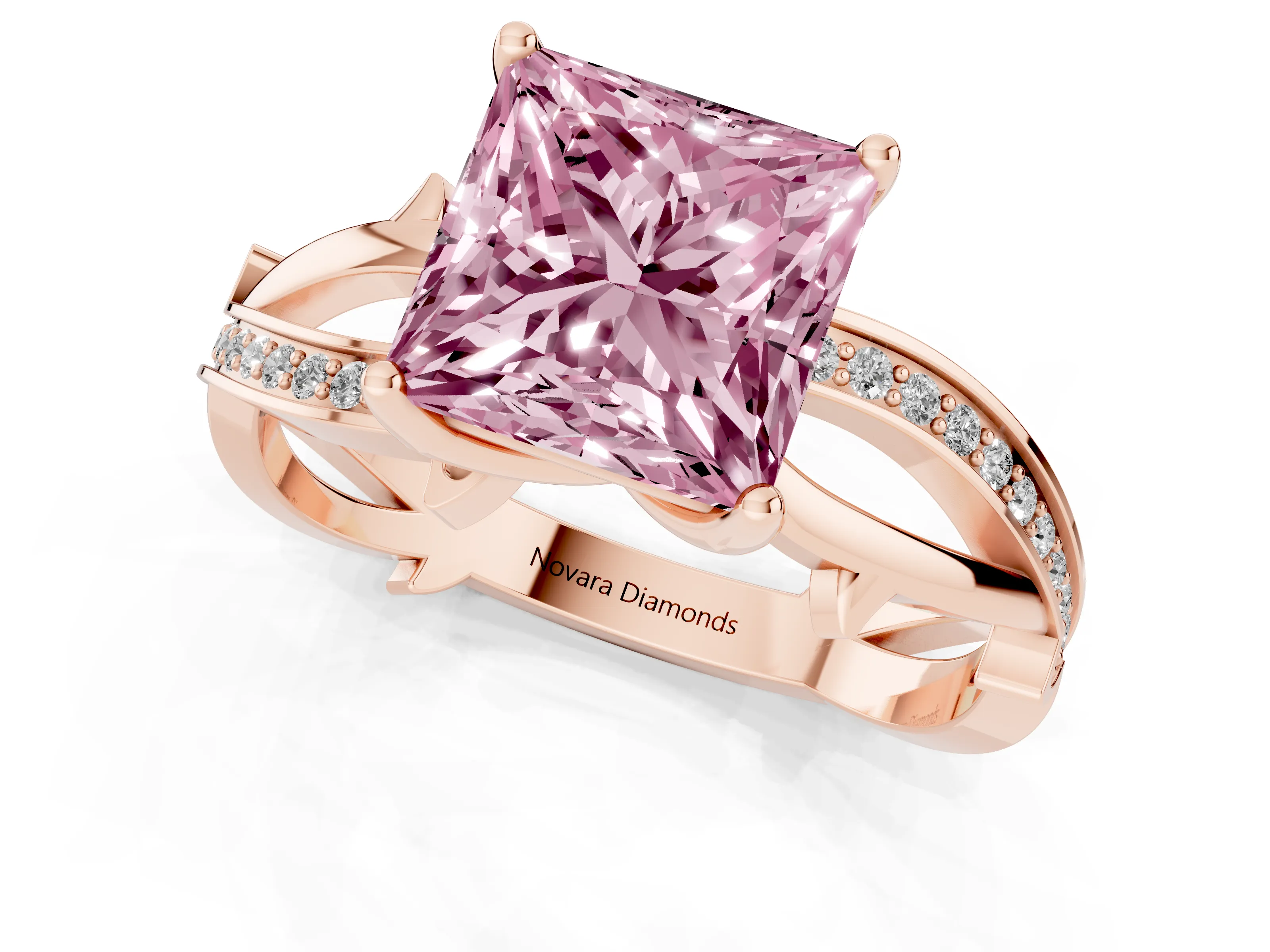 Fancy Pink Princess Cut Diamond Pavé Twist Band Solitaire Ring Set in Rose gold with Prong Setting