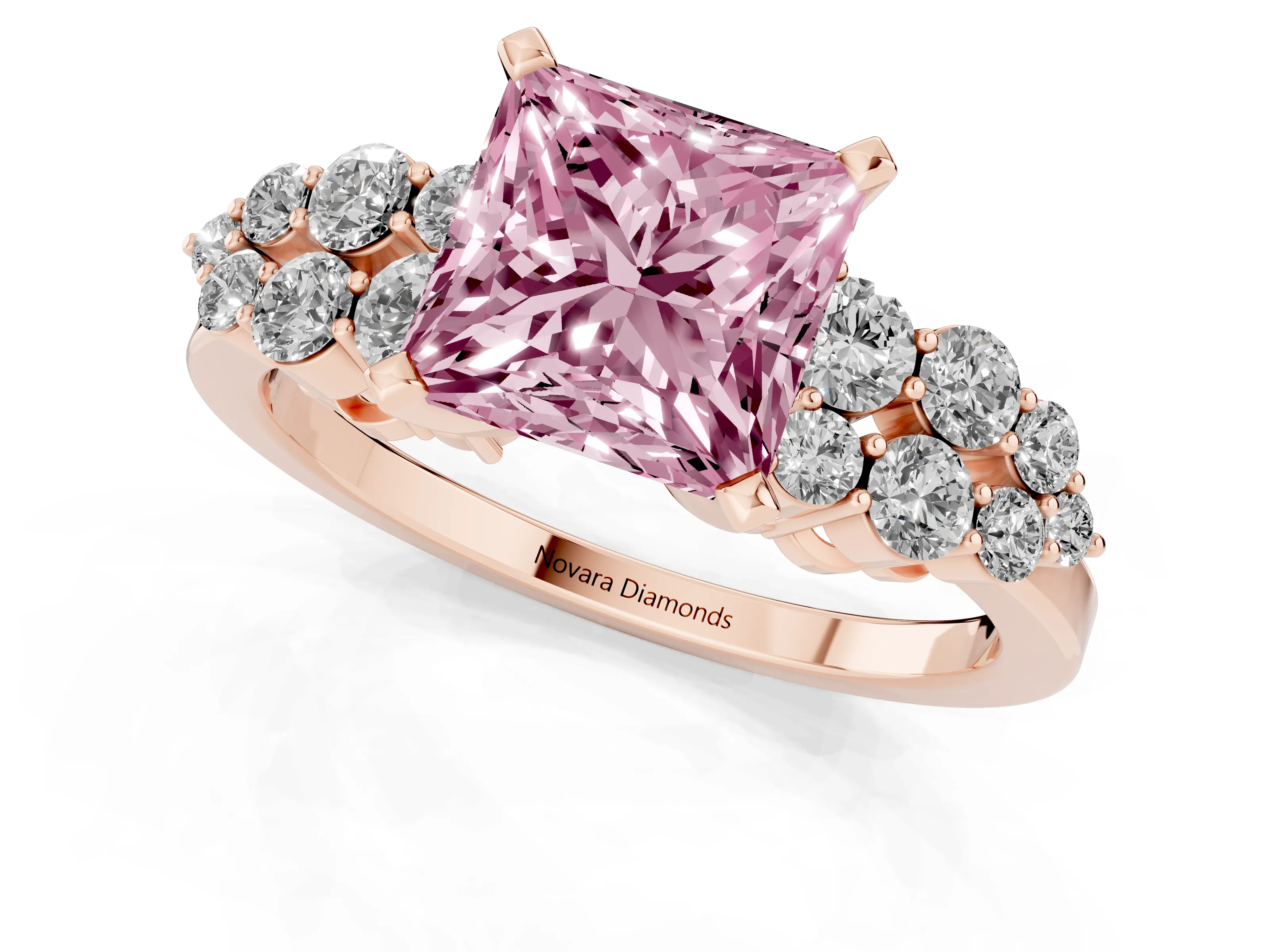 Fancy Pink Princess Cut Diamond Cluster Engagement Ring Set in Rose gold with Pavé Band and Prong Setting