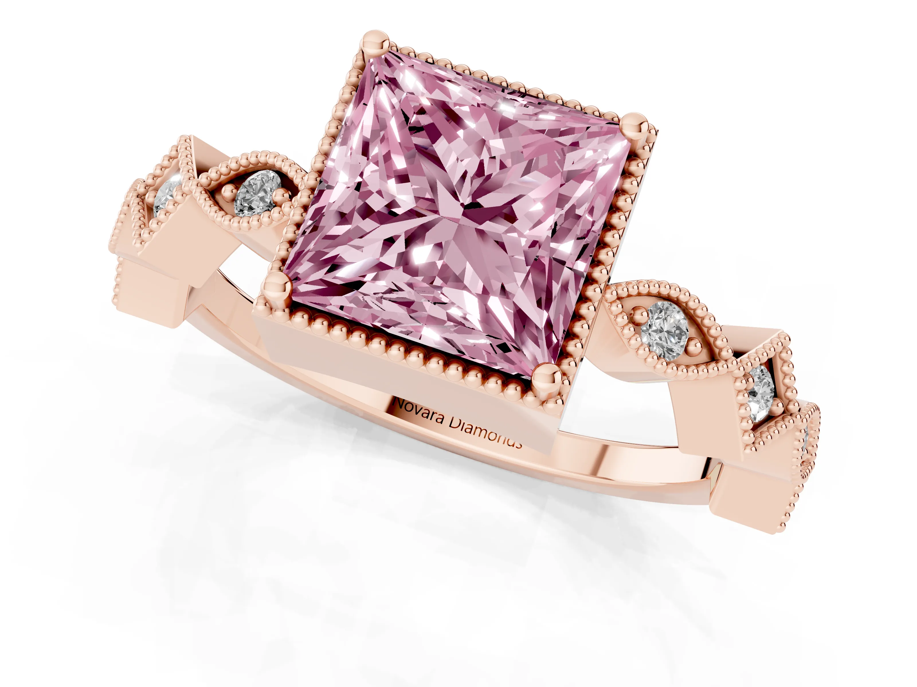 Fancy Pink Princess Cut Diamond Milgrain Marquise Twist Band Ring Set in Rose gold with Prong Setting