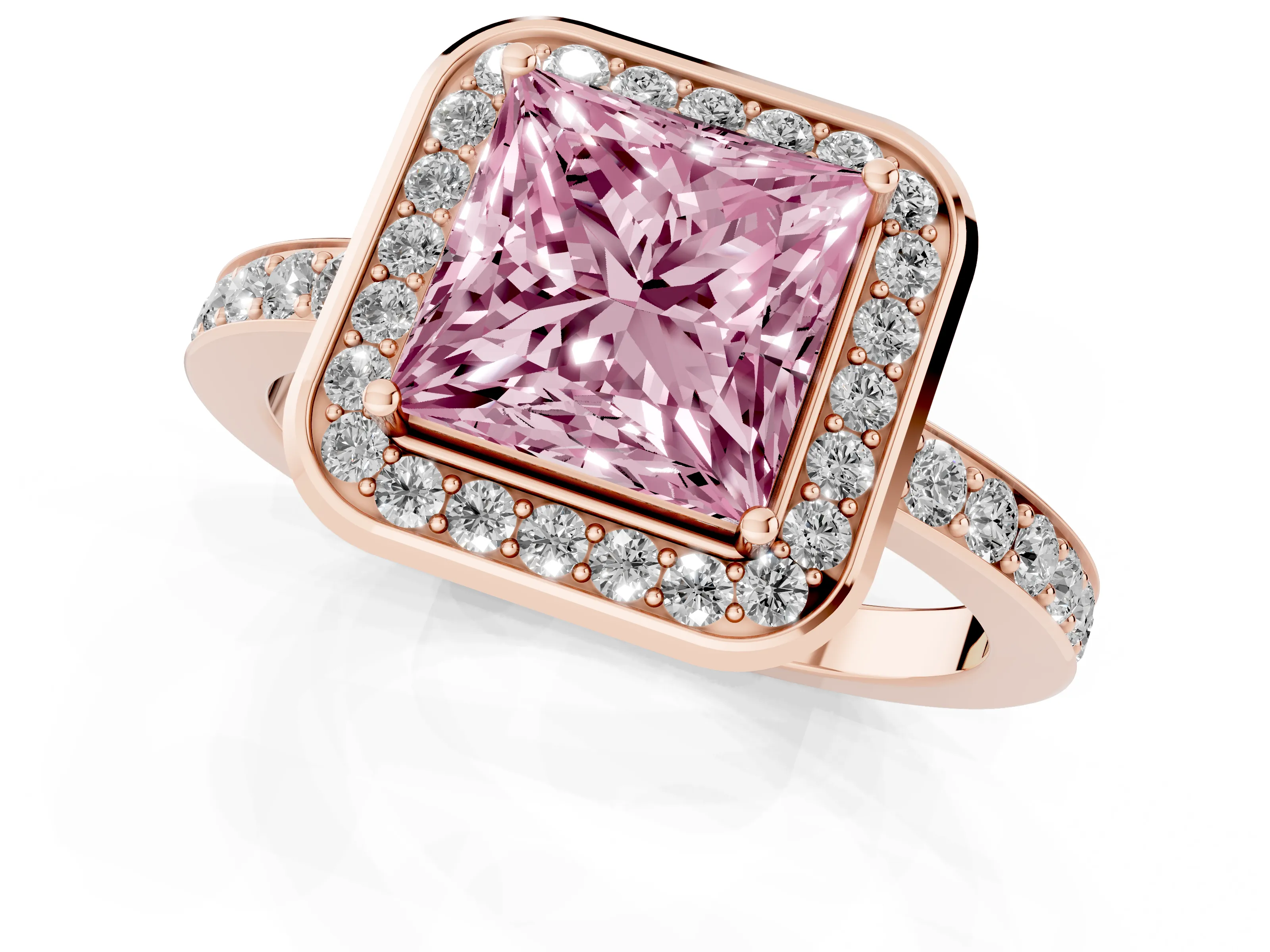 Fancy Pink Princess Cut Diamond Halo Ring Set in Rose gold with Bezel Frame and Pavé Band