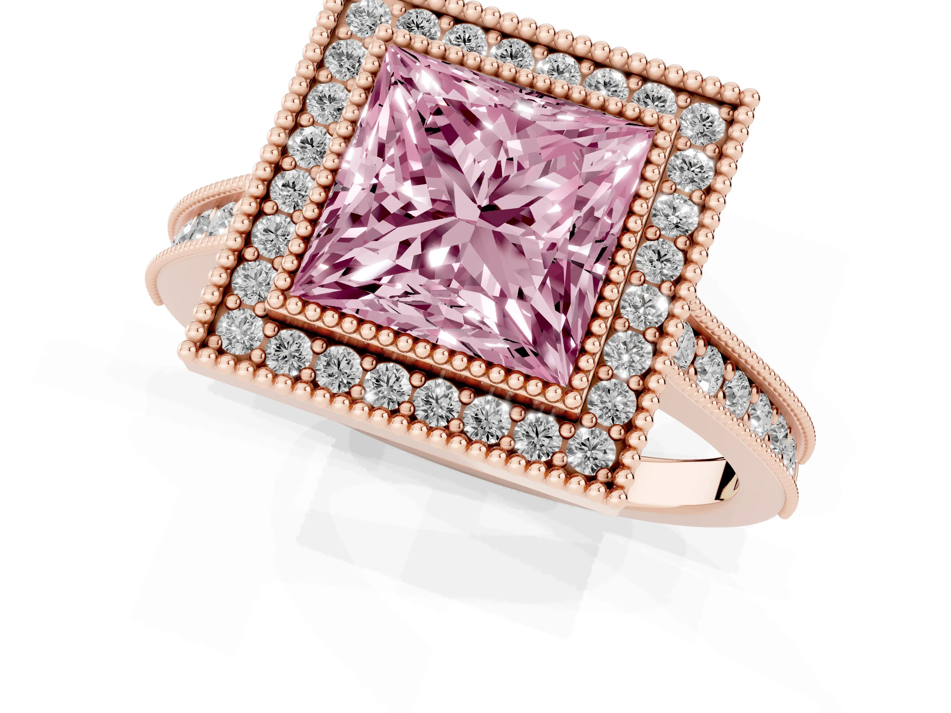 Fancy Pink Princess Cut Diamond Halo Milgrain Pavé Band Ring Set in Rose gold with Prong Setting