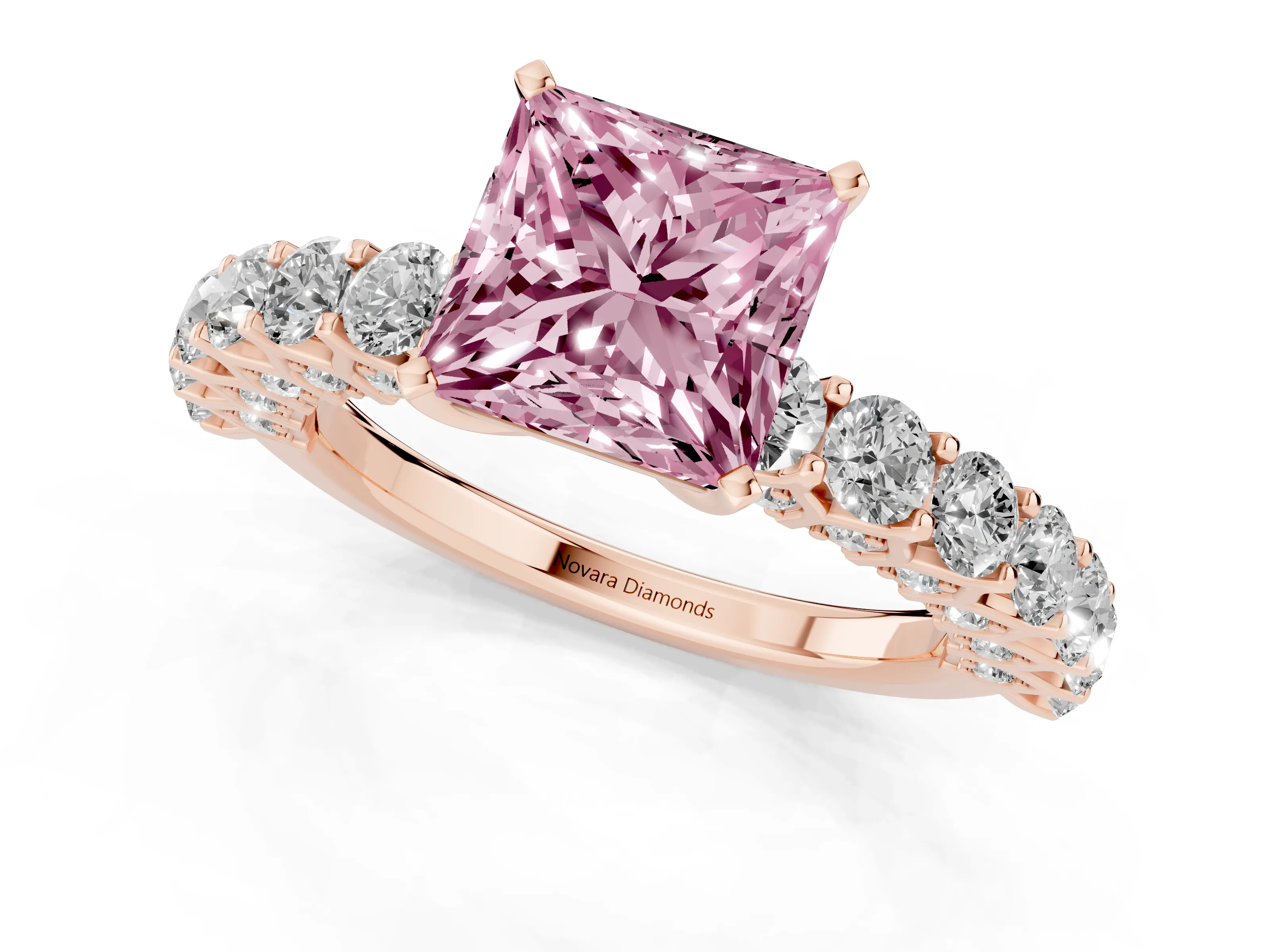 Fancy Pink Princess Cut Diamond Solitaire Ring Set in Rose gold with Shared Prong Pavé Band