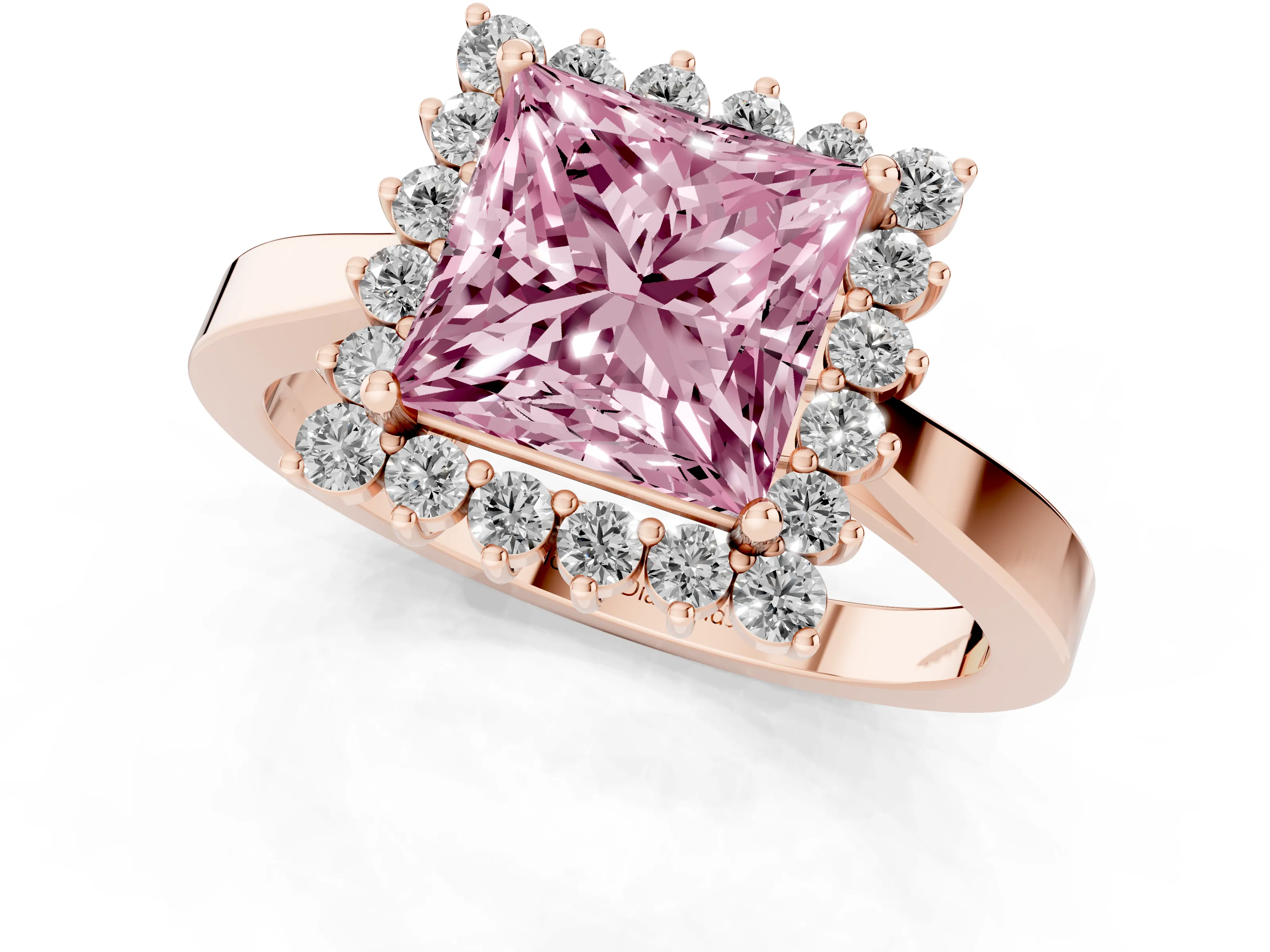 Fancy Pink Princess Cut Diamond Halo Ring Set in Rose gold with Round Halo and Smooth Solitaire Band