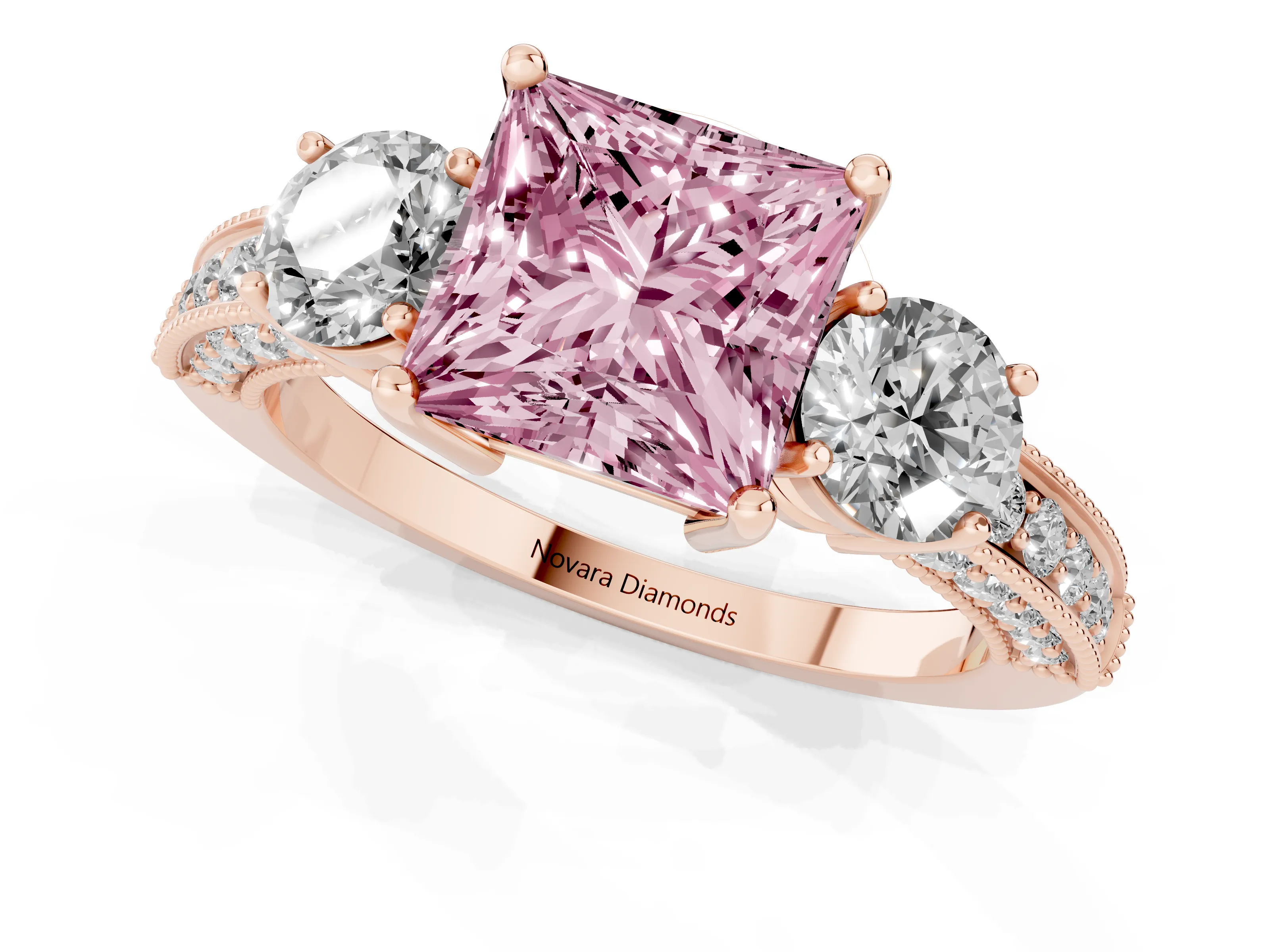 Fancy Pink Princess Cut Diamond Three-Stone Ring Set in Rose gold with Round Side Stones and Pavé Band