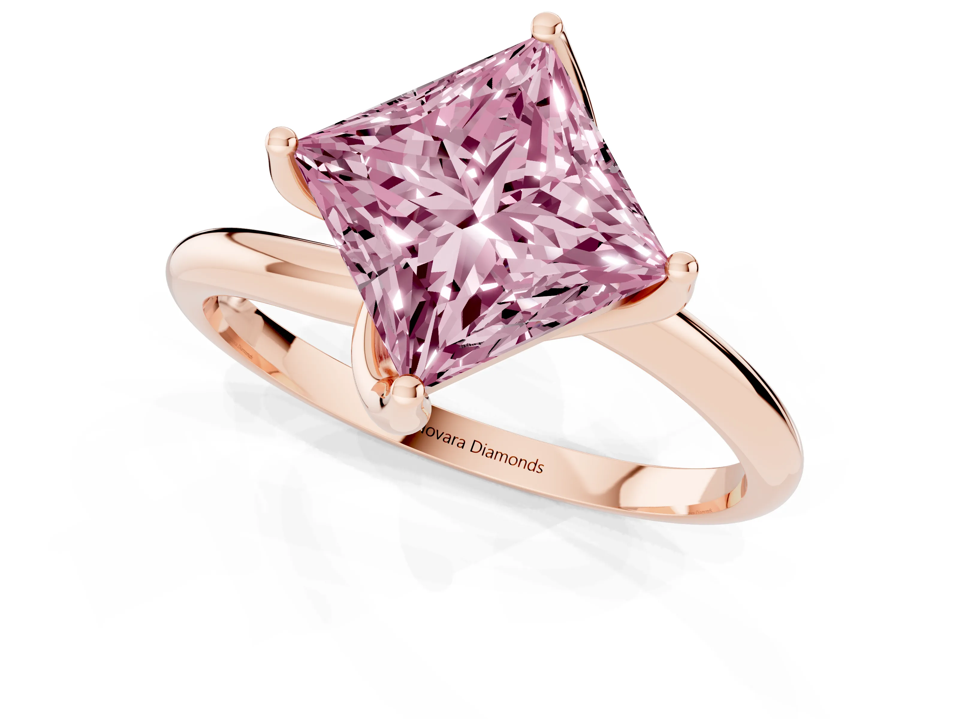 Fancy Pink Princess Cut Diamond Solitaire Engagement Ring Set in Rose gold with Classic Plain Band