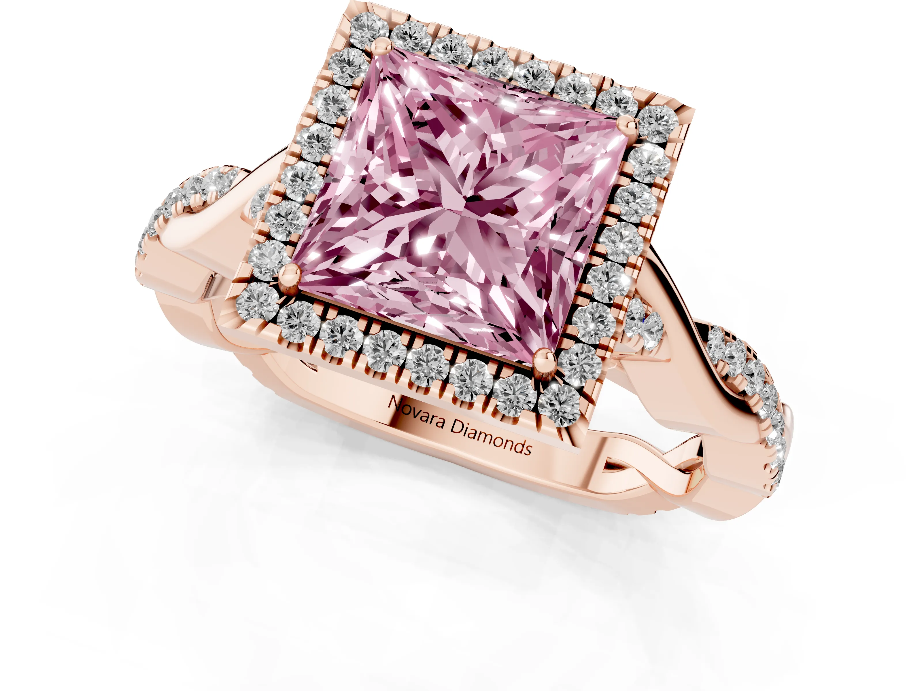 Fancy Pink Princess Cut Diamond Halo Twist Band Solitaire Ring Set in Rose gold with Prong Setting
