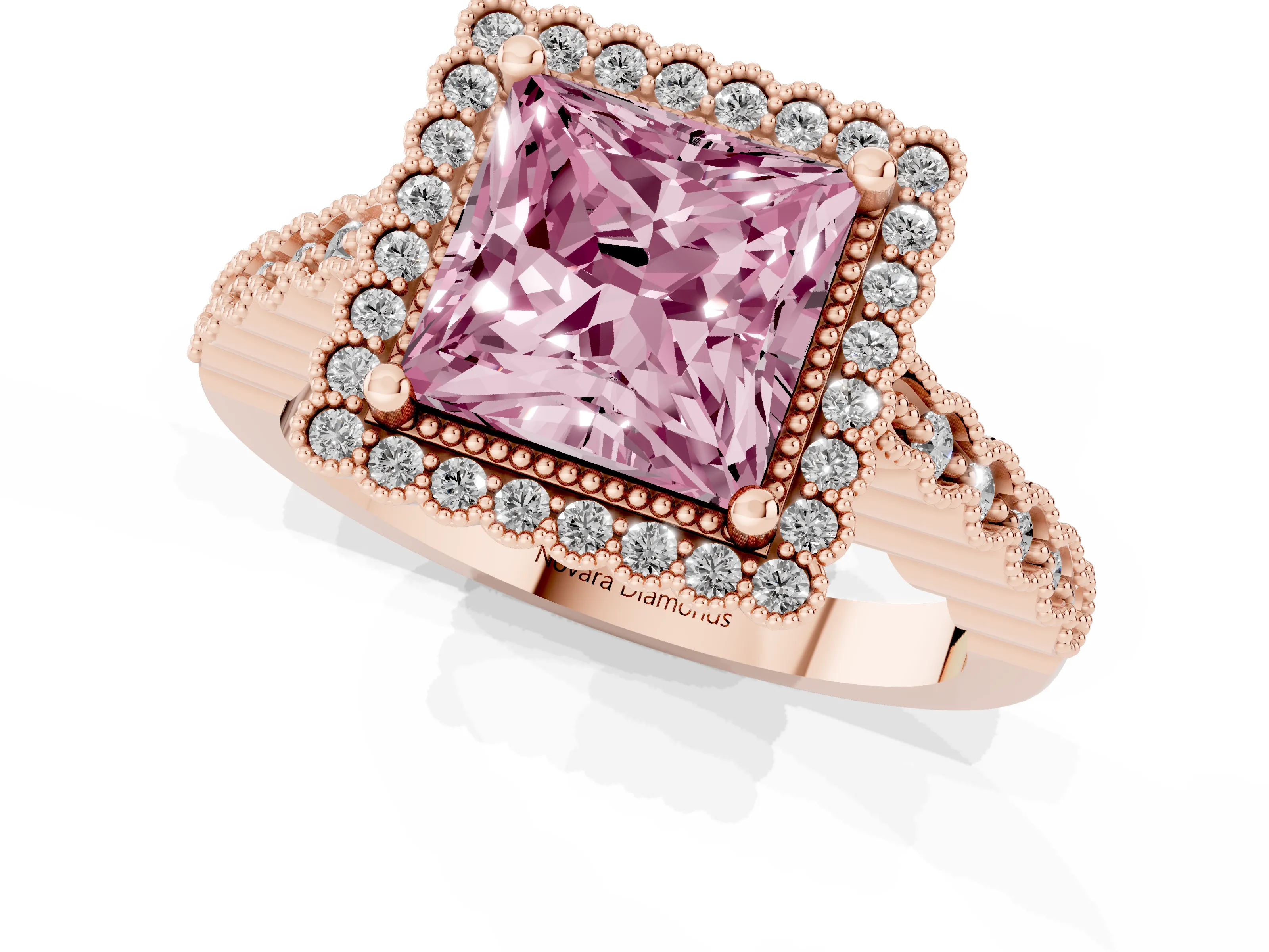 Fancy Pink Princess Cut Diamond Halo Ring Set in Rose gold with Pavé Milgrain Band
