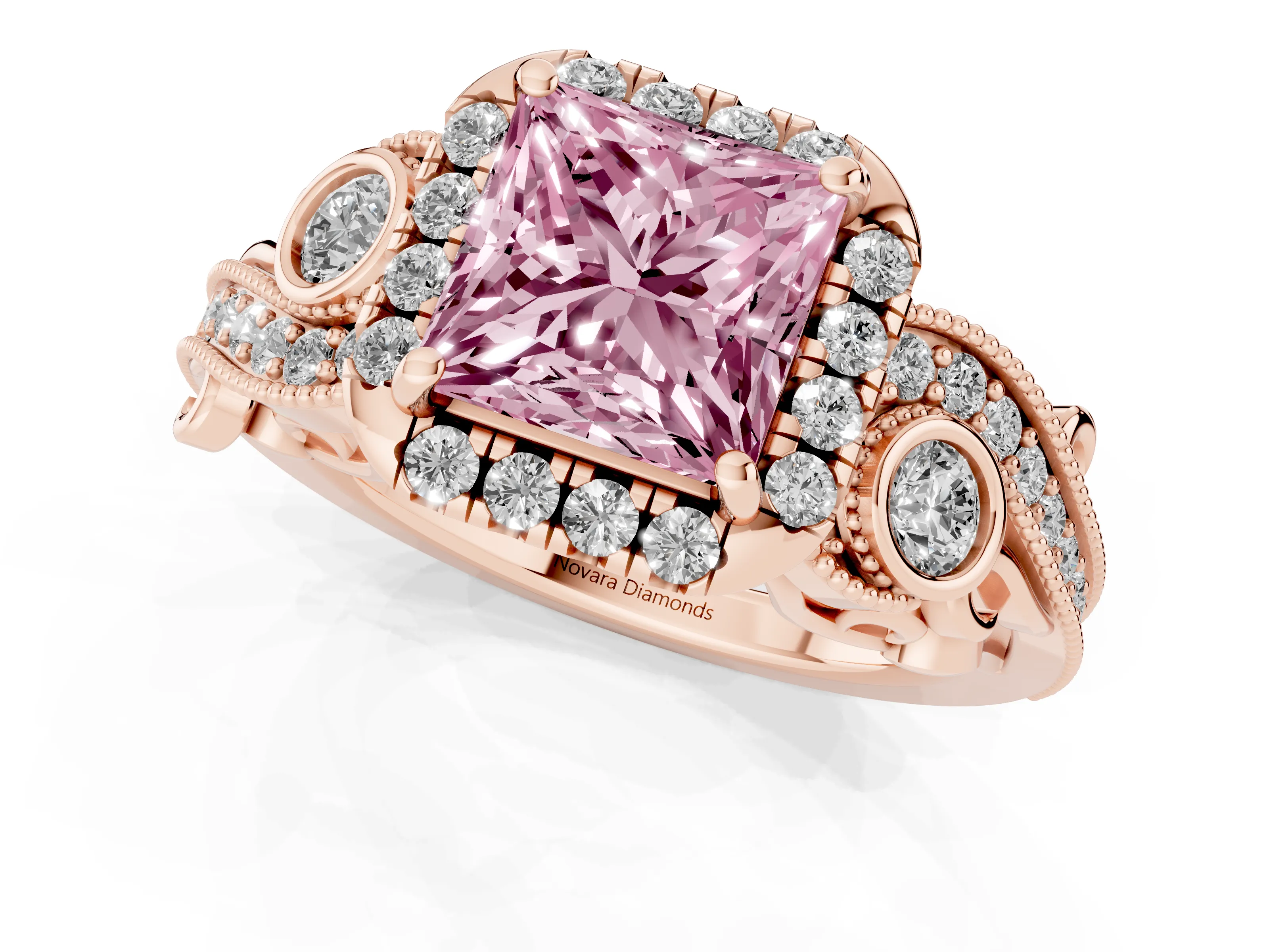 Fancy Pink Princess Cut Diamond Halo Ring Set in Rose gold with Milgrain Pavé Band and Prong Setting