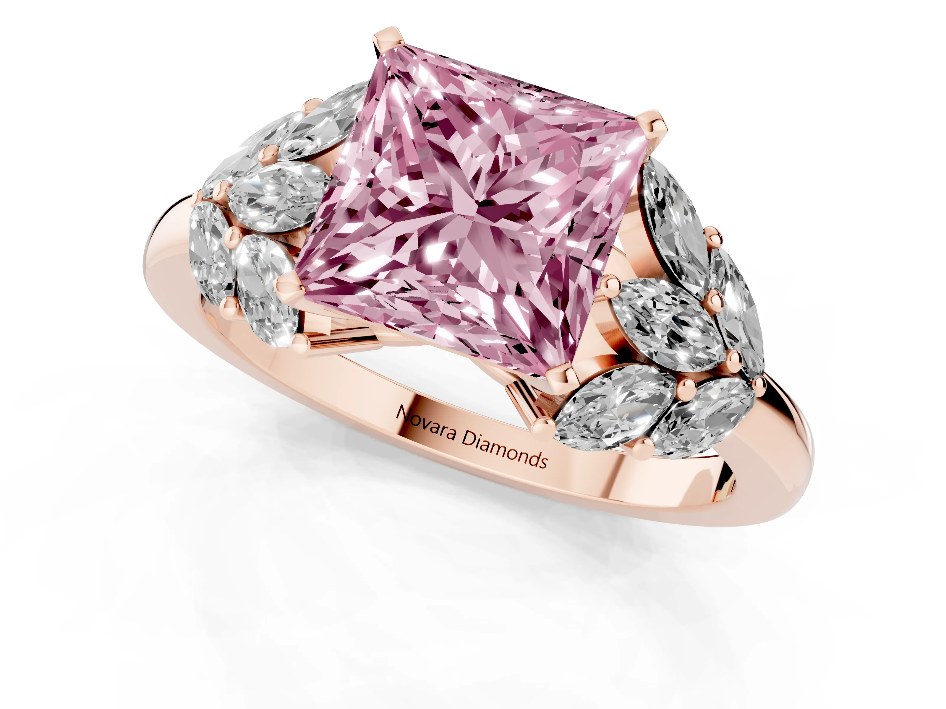 Fancy Pink Princess Cut Diamond Cluster Leaf Design Ring Set in Rose gold with Prong Setting