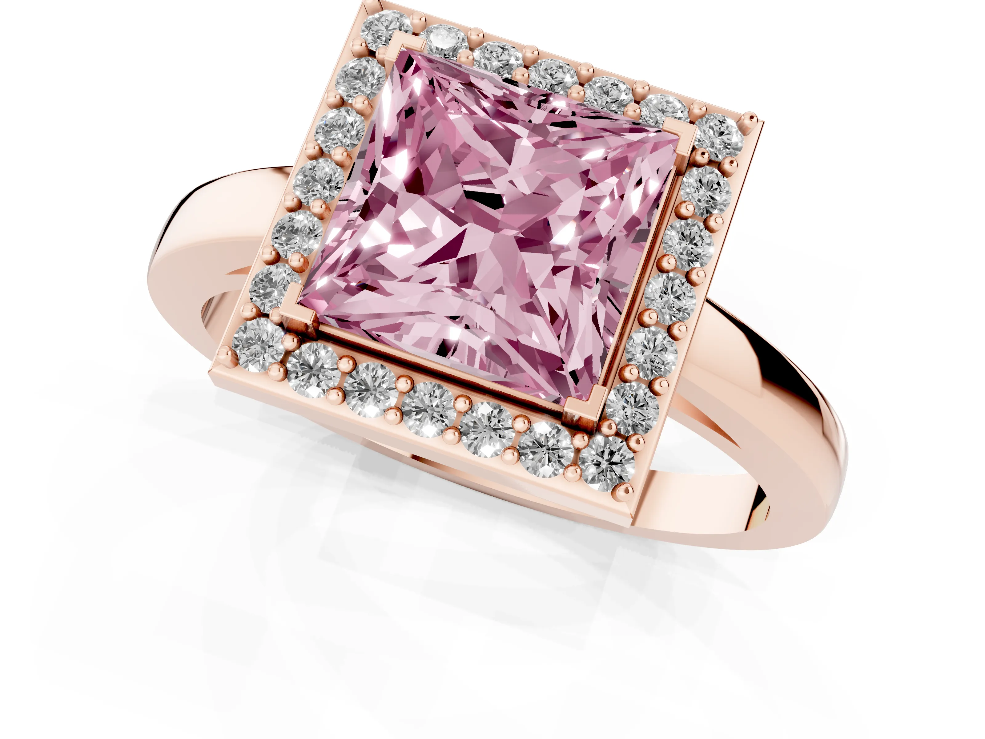 Fancy Pink Princess Cut Diamond Halo Ring Set in Rose gold with Solitaire Band and Prong Setting