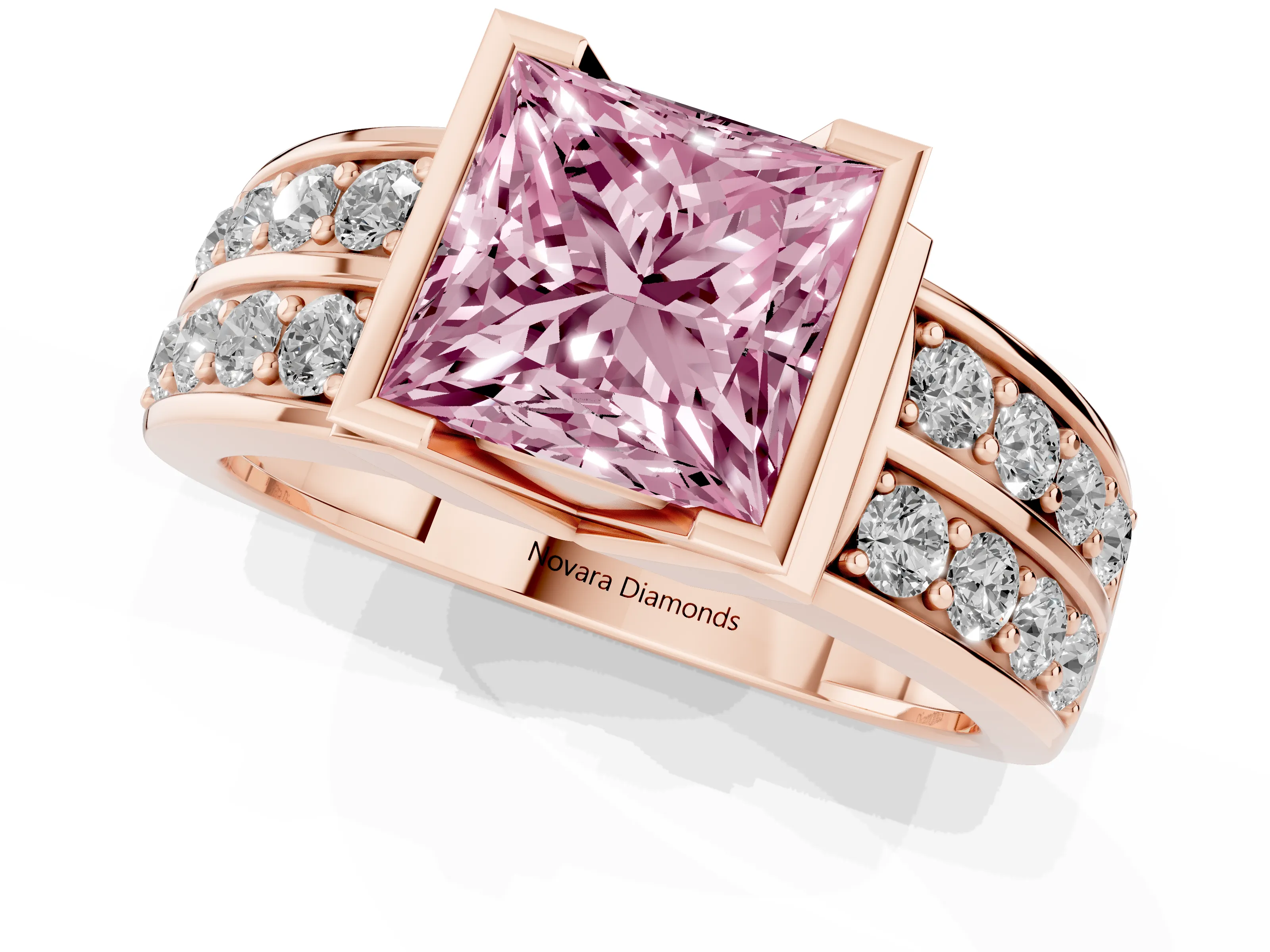 Fancy Pink Princess Cut Diamond Wide Channel Set Band Ring Set in Rose gold with Bezel Setting