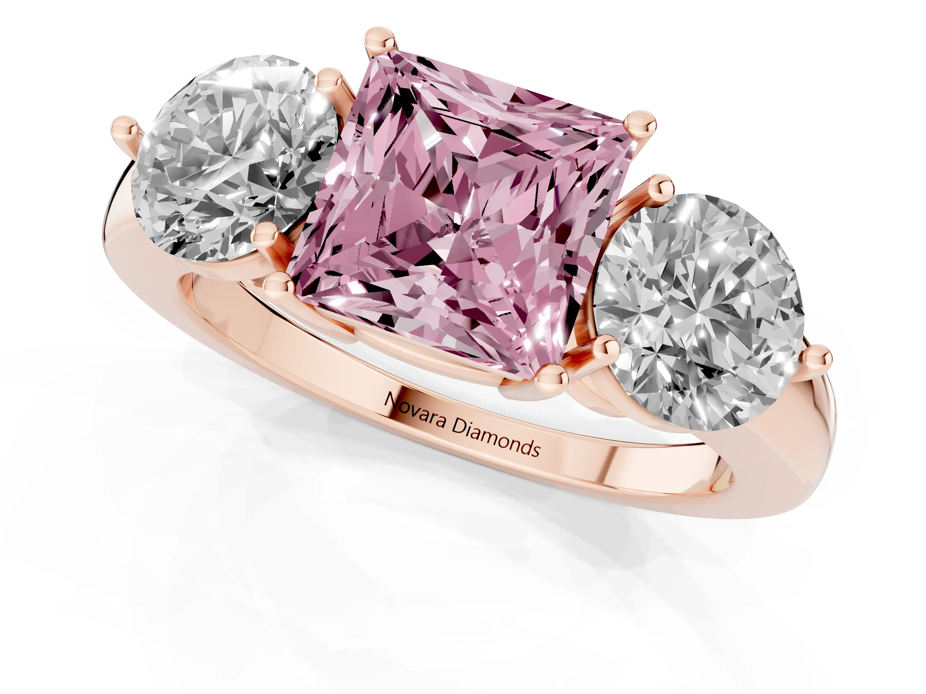 Fancy Pink Princess Cut Diamond Three-Stone Ring Set in Rose gold with Prong Setting and Plain Band