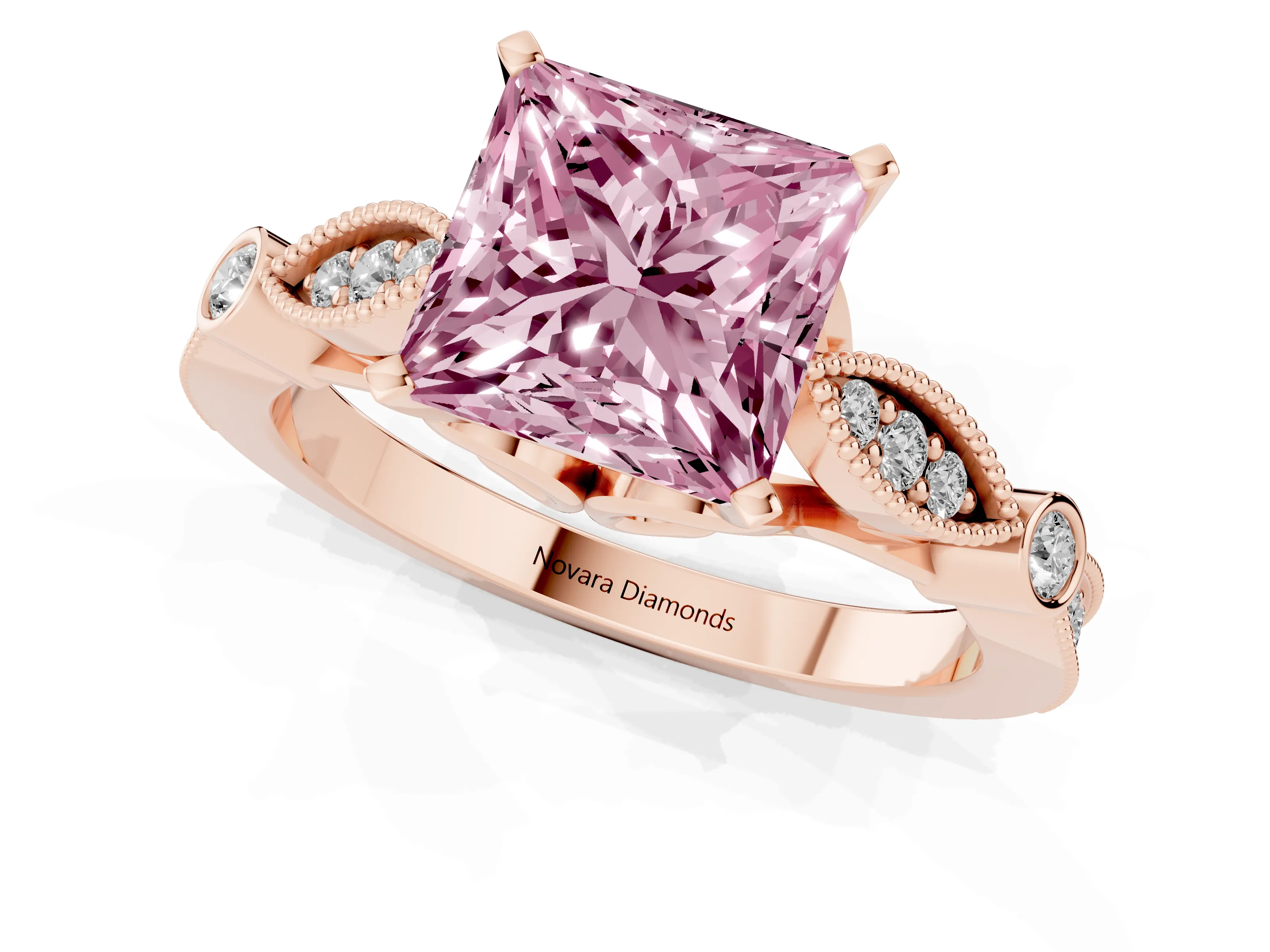 Fancy Pink Princess Cut Diamond Solitaire Ring Set in Rose gold with Milgrain Marquise and Bezel Accents