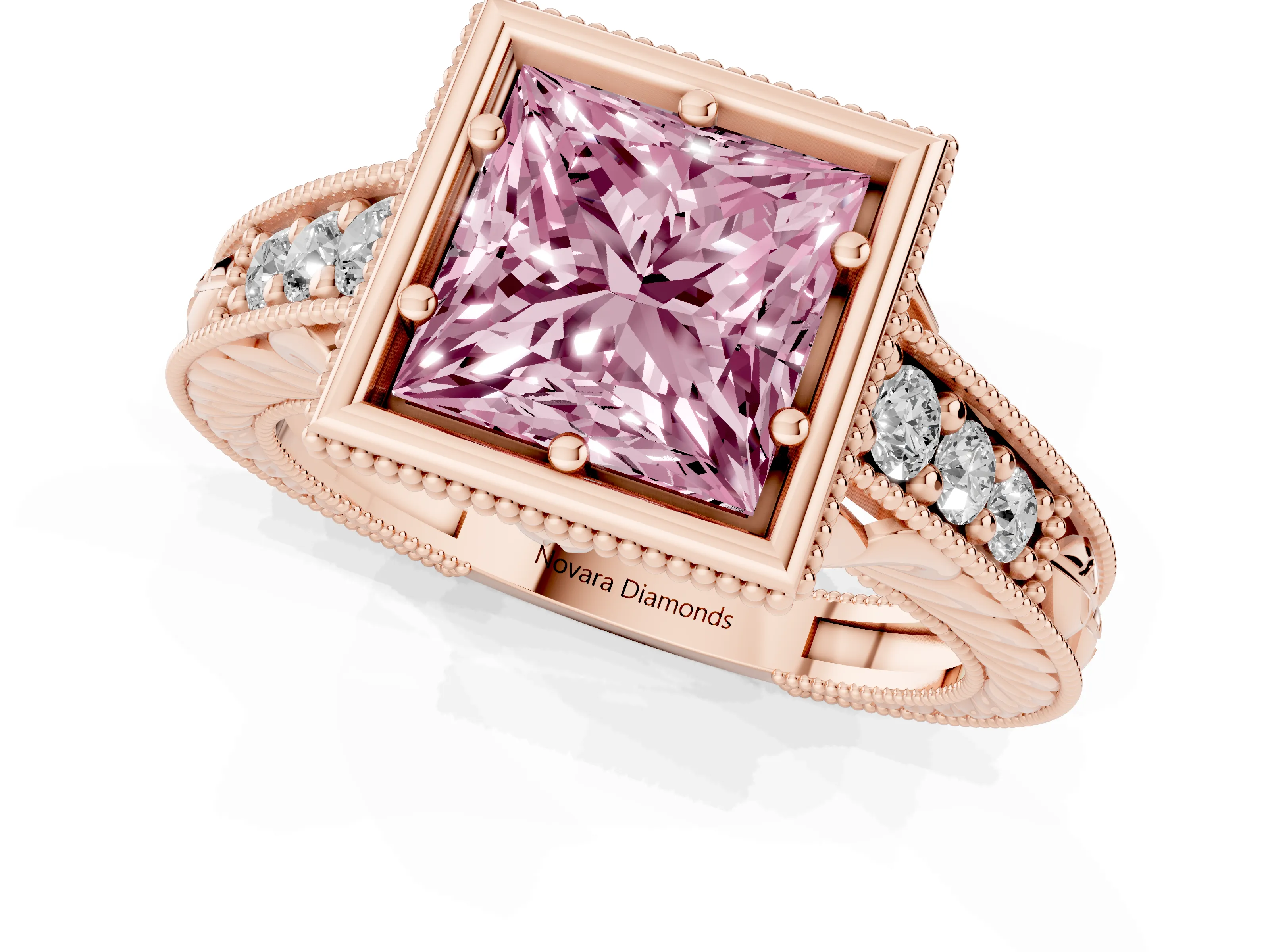 Fancy Pink Bezel Set Princess Cut Diamond Milgrain Pavé Engagement Ring Set in Rose gold