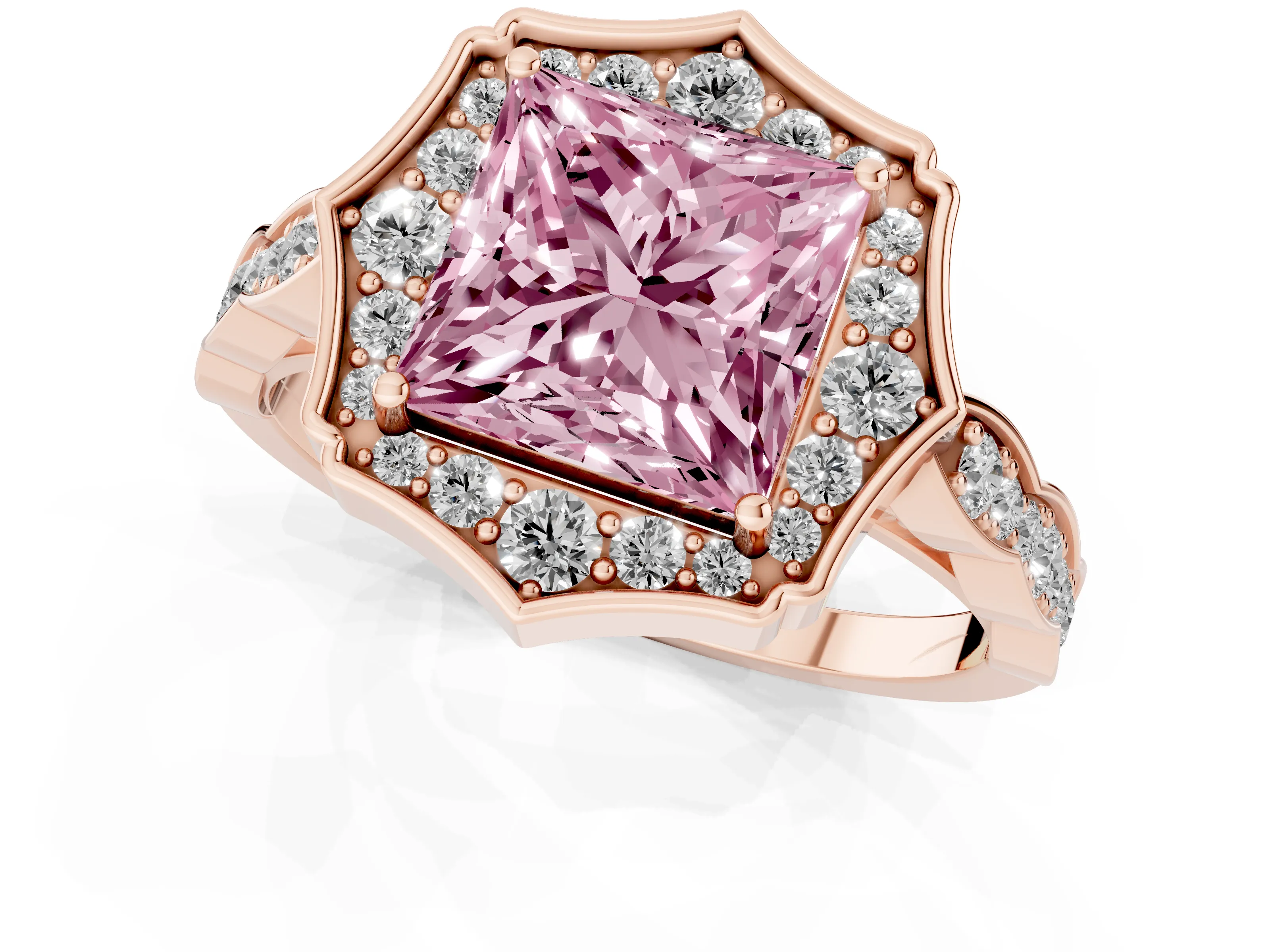 Fancy Pink Princess Cut Diamond Halo Engagement Ring Set in Rose gold with Milgrain Band and Prong Setting