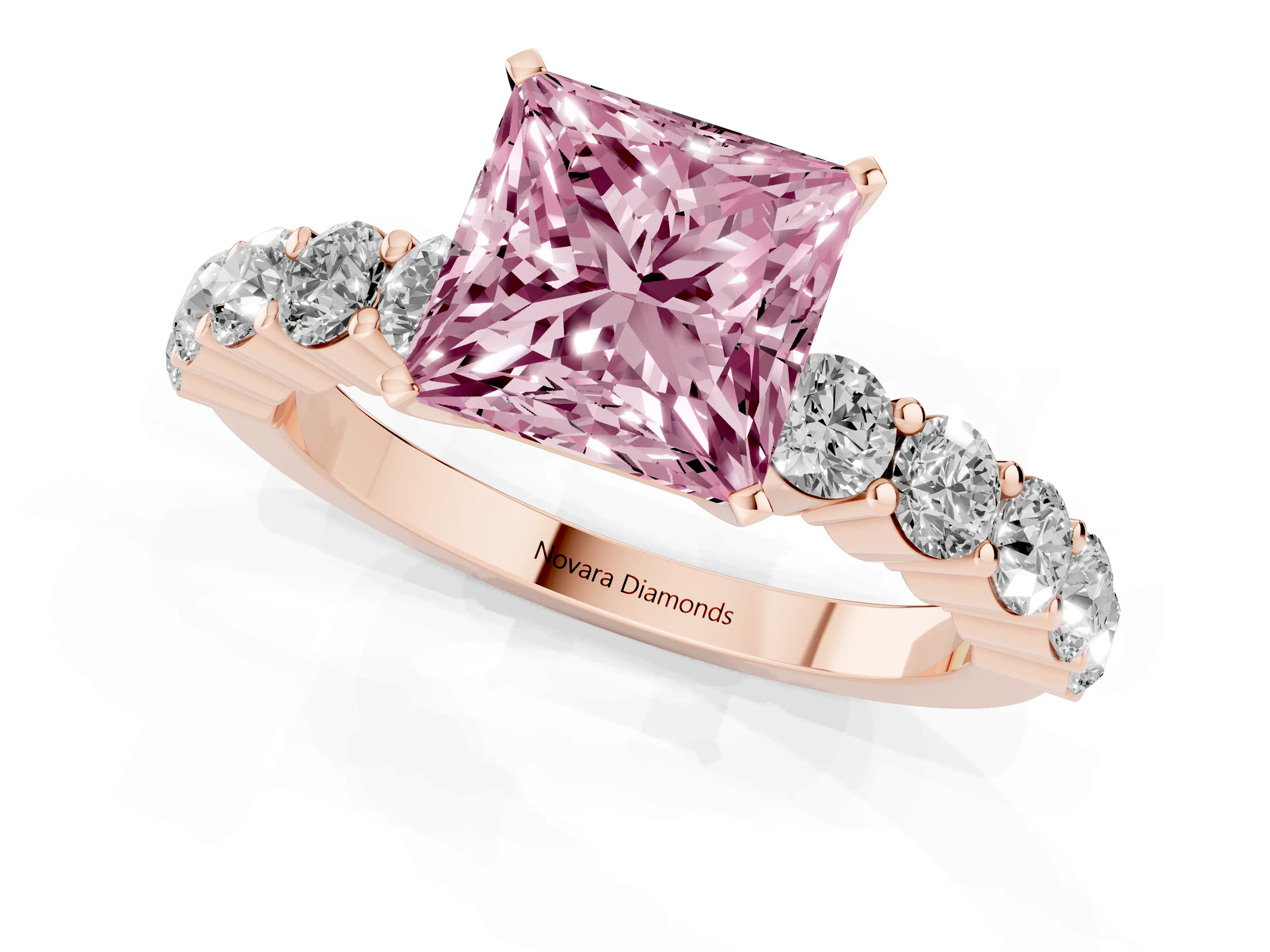 Fancy Pink Princess Cut Diamond Solitaire Ring Set in Rose gold with Shared Prong Round Side Stones