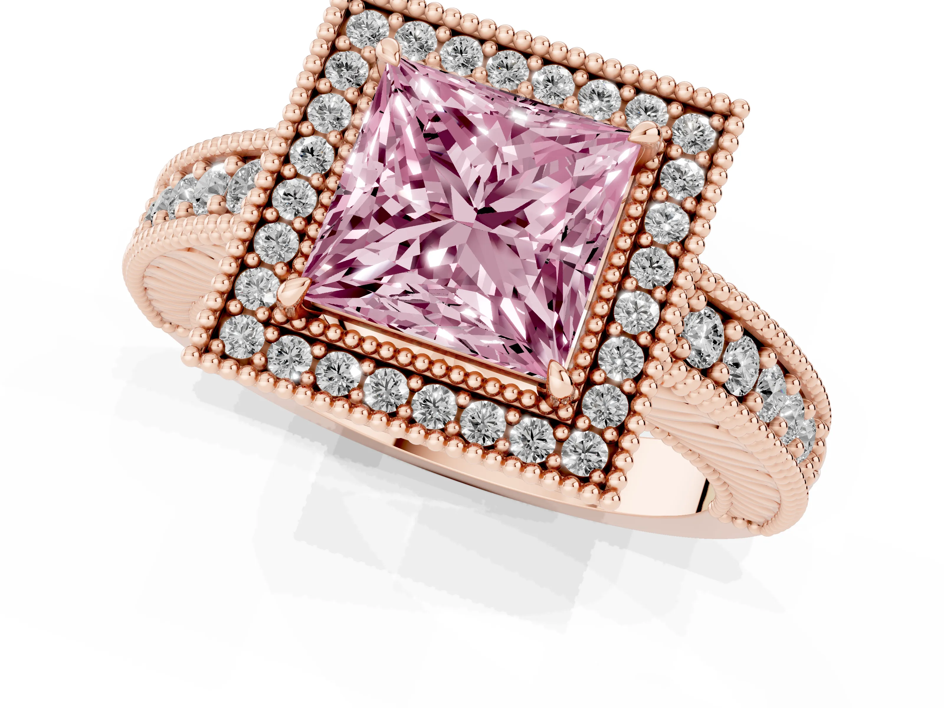 Fancy Pink Princess Cut Diamond Halo Ring Set in Rose gold with Round Accent Halo, Pavé Band and Prong Setting
