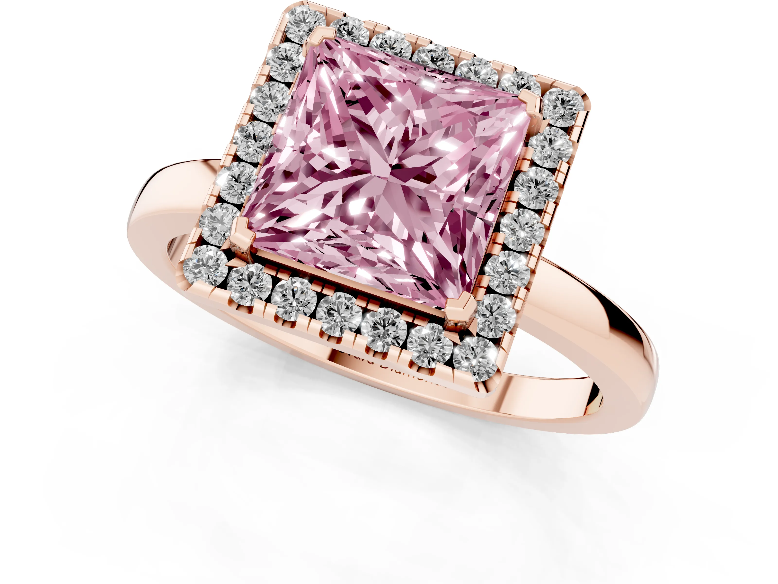 Fancy Pink Princess Cut Diamond Halo Solitaire Ring Set in Rose gold with Pavé Band and Prong Setting