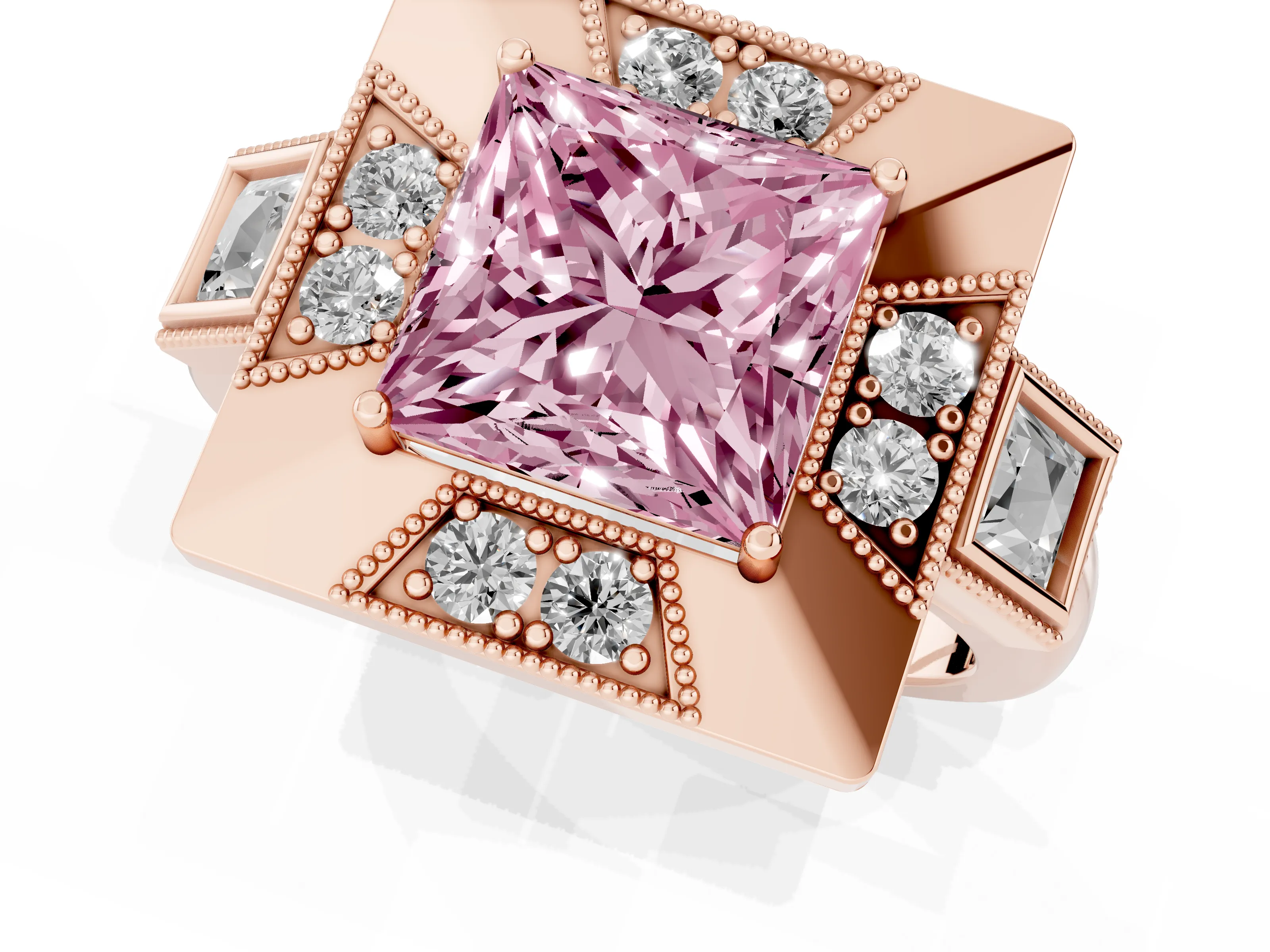 Fancy Pink Princess Cut Diamond Milgrain Halo Ring Set in Rose gold with Split Shank
