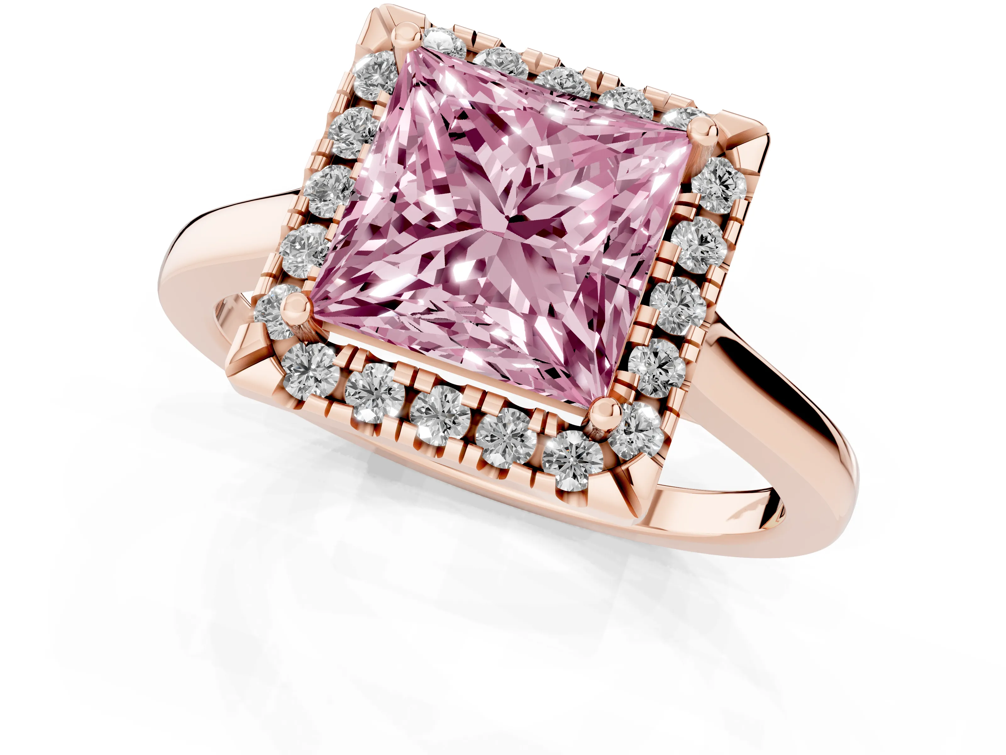 Fancy Pink Princess Cut Halo Round Diamond Solitaire Ring Set in Rose gold with Pavé Band and Prong Setting