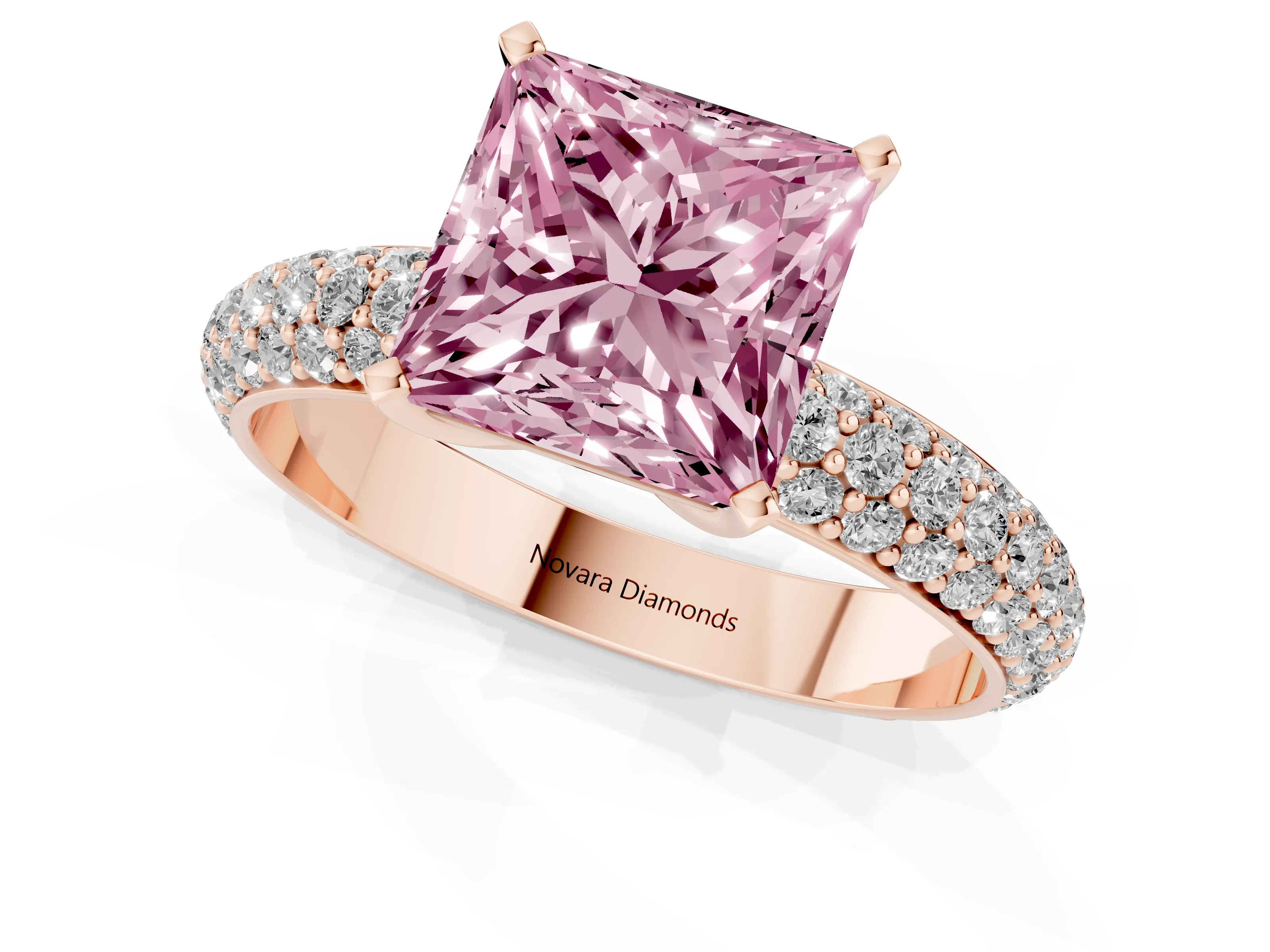 Fancy Pink Princess Cut Diamond Solitaire Ring Set in Rose gold with Prong Setting and Pavé-Set Band