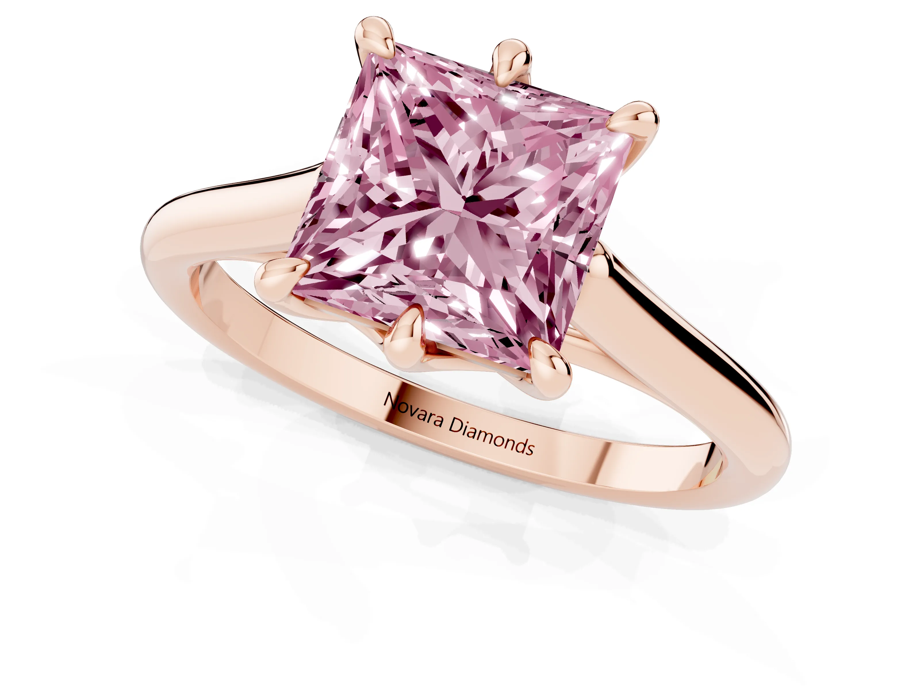 Fancy Pink Princess Cut Diamond Solitaire Engagement Ring Set in Rose gold with Prong Setting and Plain Classic Band