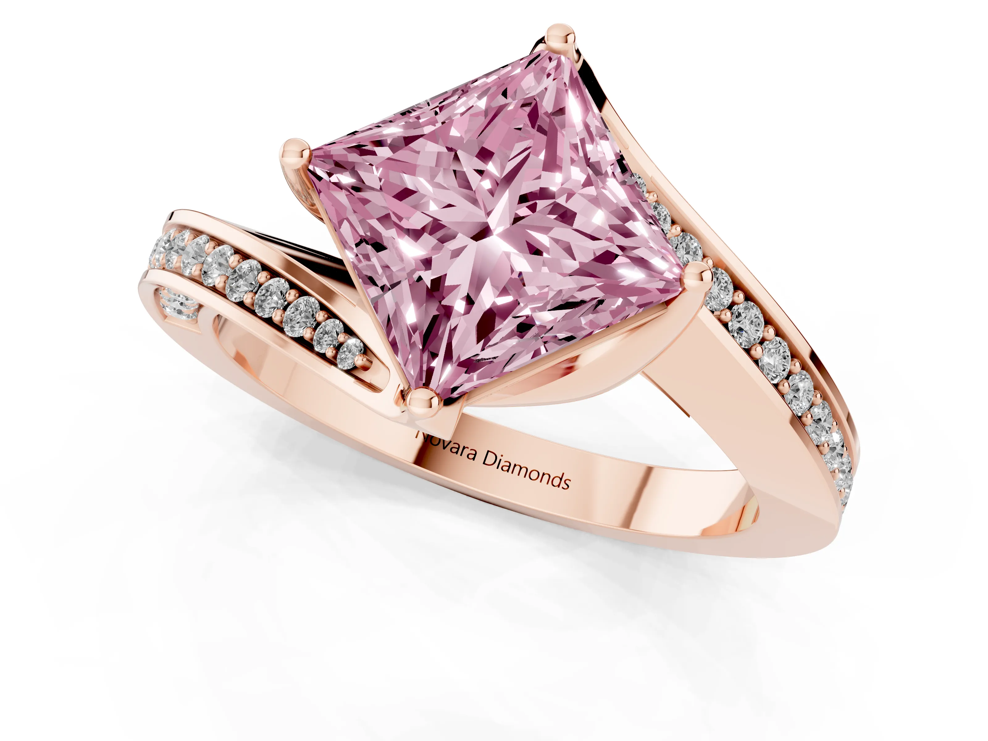 Fancy Pink Princess Cut Diamond Solitaire Ring Set in Rose gold with Intertwined Pavé Twist Band