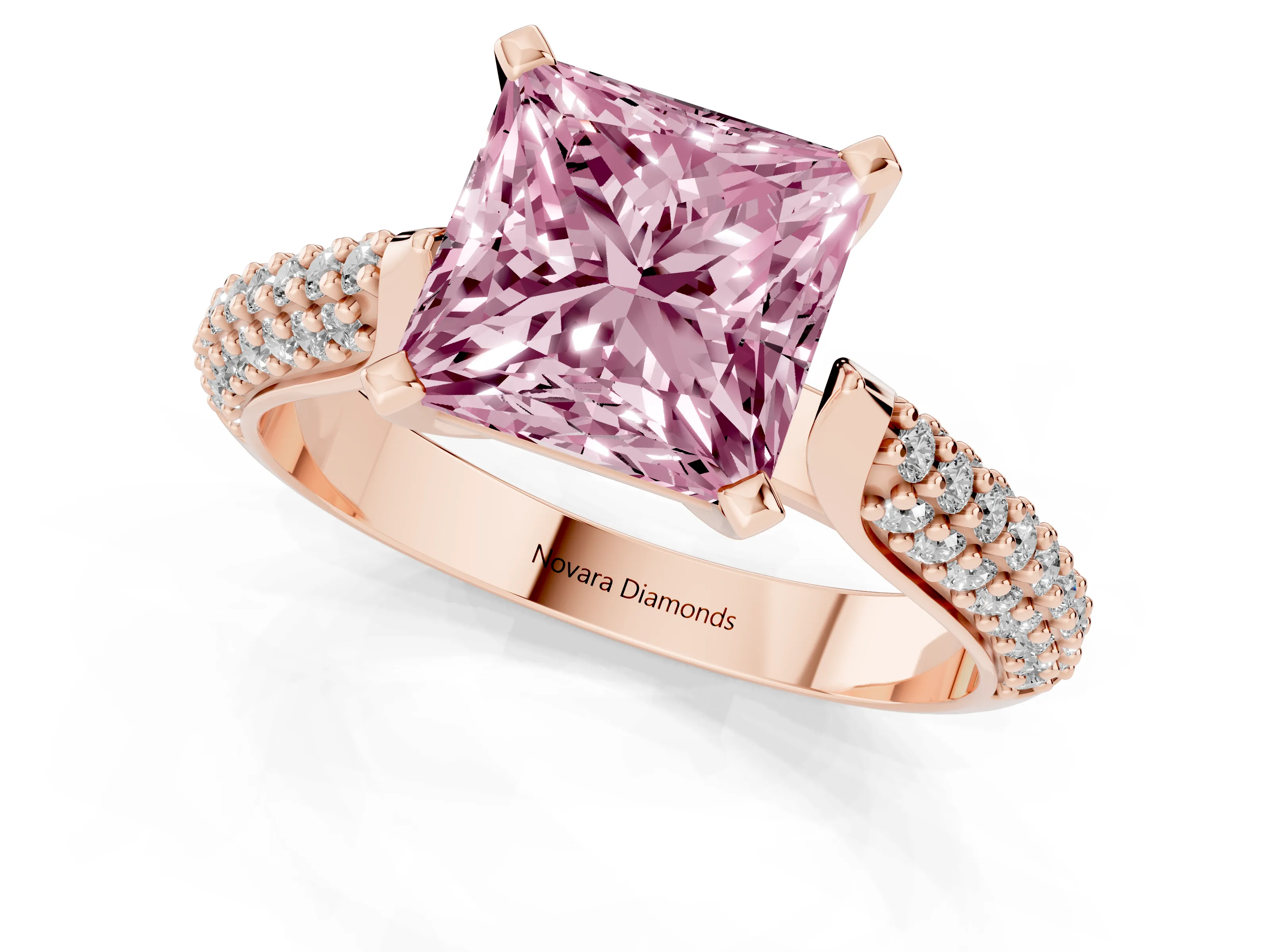 Fancy Pink Princess Cut Diamond Solitaire Engagement Ring Set in Rose gold with Multi-Row Round Pavé Band and Prong Setting